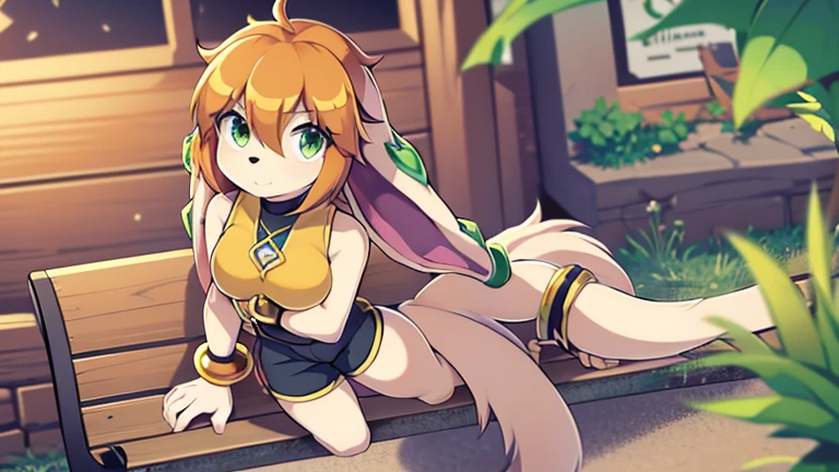 milla basset, masterpiece, best quality, 1girl, solo, long hair, looking at viewer, bangs, brown hair, shirt, animal ears, hair between eyes, bare shoulders, jewelry, breasts, green eyes, standing, tail, thighs, outside, shorts, sleeveless, shiny, bracelet, lying on the bench, full body, 