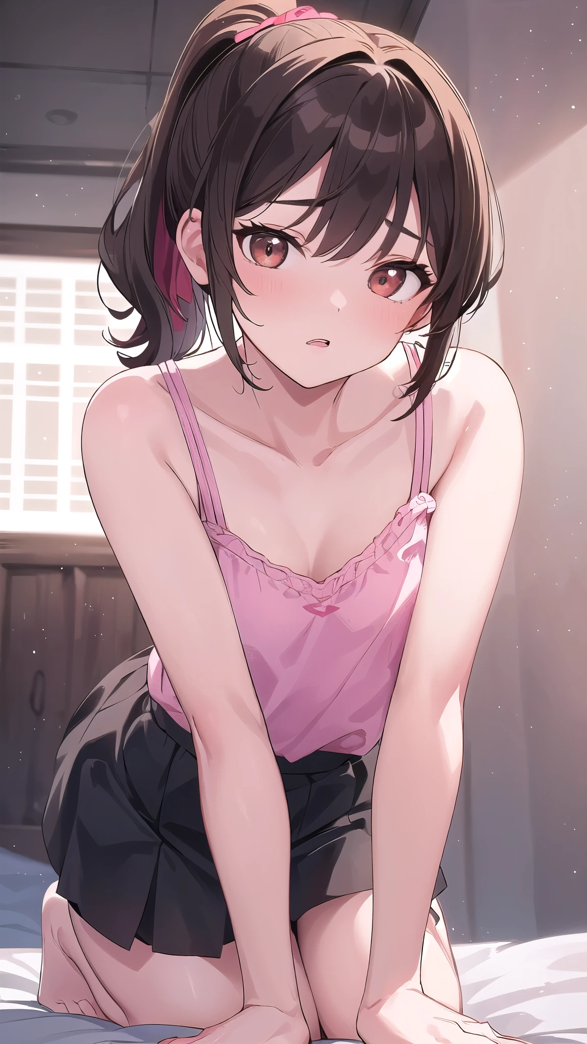 ((4k, masterpiece, highest quality)), 1 girl, , childlike body, short hair, red eyes, flat chest, Hairless pussy, nipples sticking out on the shirt, cute, blush, Sweat,red checked pleated skirt, no bra, no undies, spread your legs, Wet, white tank top, barefoot