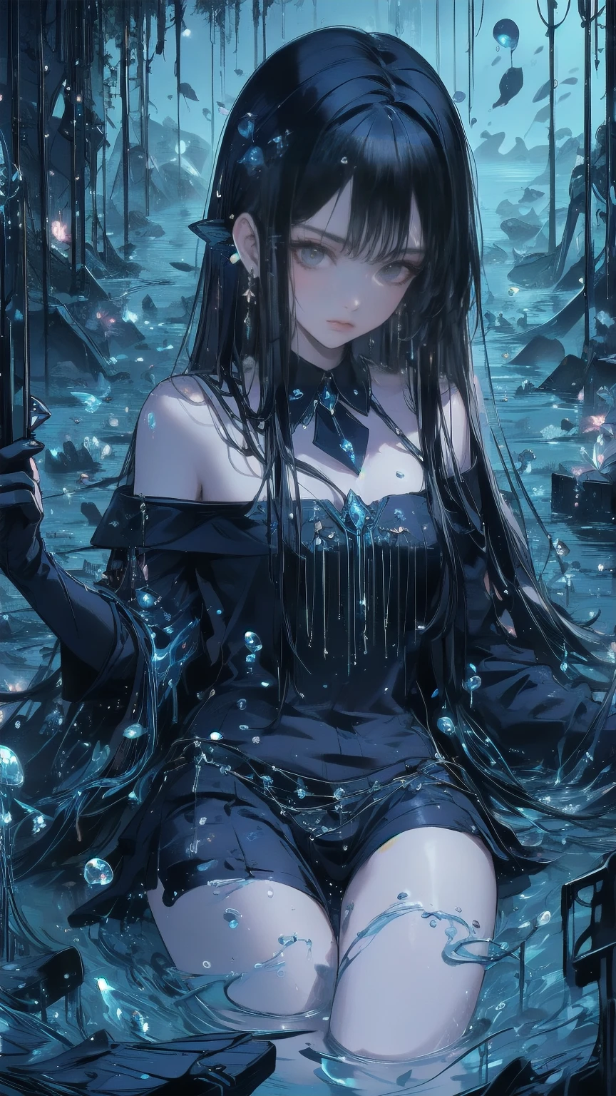 a((amazingly absurd)),超High resolution, attention to detail, high quality, High resolution, 最high quality, 4K, 8k,close,cute,((Ethereal and mysterious image)),Sunken Ruins、Girl in the water、Surrounded by bubbles、Deep blue world、Overall, a work in deep blue tones