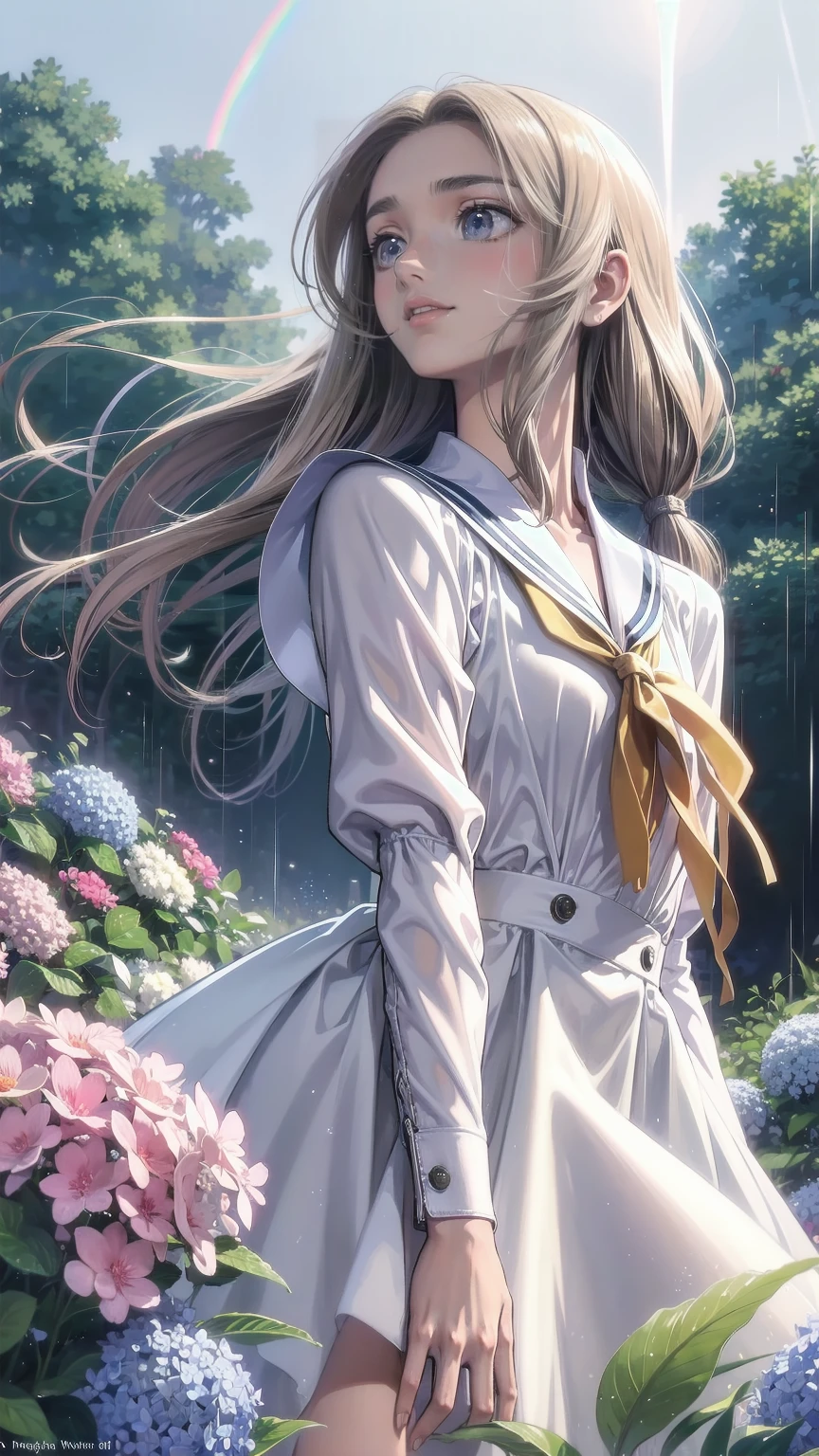 Best Quality,masterpiece,Watercolor style,girl,blonde,blue eyes,White Dress,Red Ribbon Hydrangea,after the rain,rainbow,Looking up at the sky,smile,The light spreads,White Dress,Sailor collar,Long sleeve,Dark blue on the cuff,Line on the cuff,,Shortcuts,