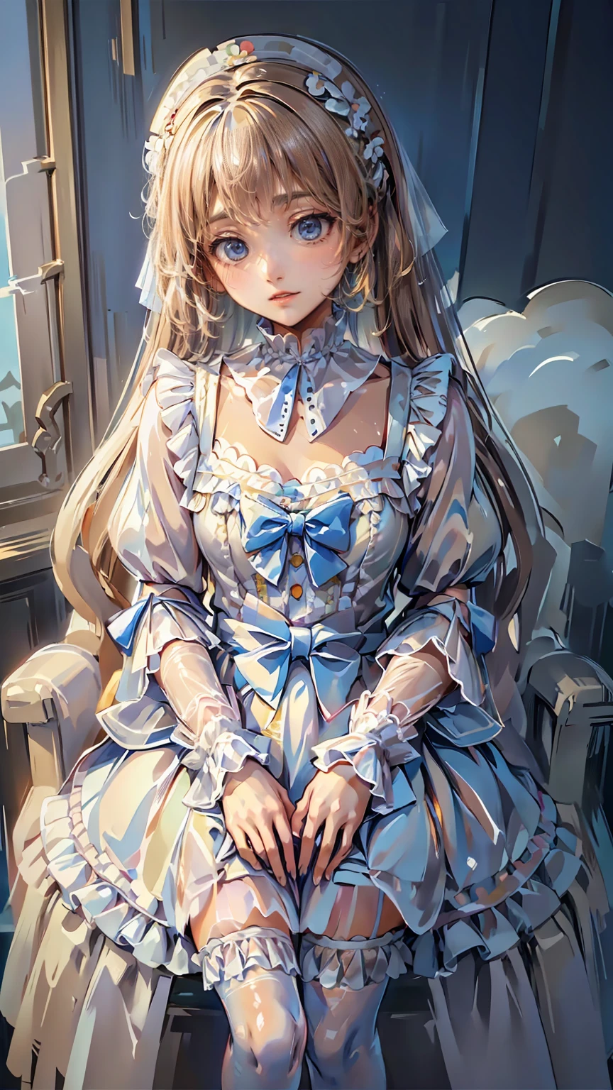 Best Quality,masterpiece,Watercolor style,girl,blonde,blue eyes,White Dress,Red Ribbon Hydrangea,after the rain,rainbow,Looking up at the sky,smile,The light spreads,White Dress,Sailor collar,Long sleeve,Dark blue on the cuff,Line on the cuff,,Shortcuts,