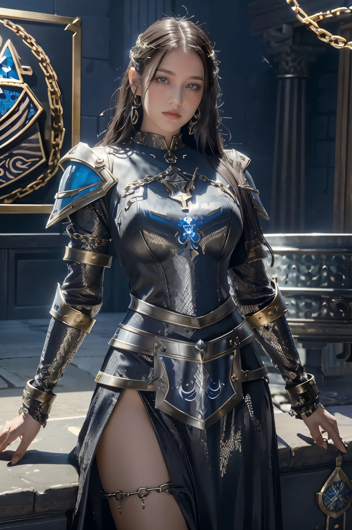 (masterpiece, best quality), intricate details, 8k, artstation, wallpaper, official art, splash art, sharp focus, 1girl, solo, Aasimar \(Dungeon and Dragon setting\), black hair with blond at the highlight, bright blue left eye, and red right eye, ear pierces ,(Chain mail with Anvil emblem on it:1.3), ,wearing [armor|dress],