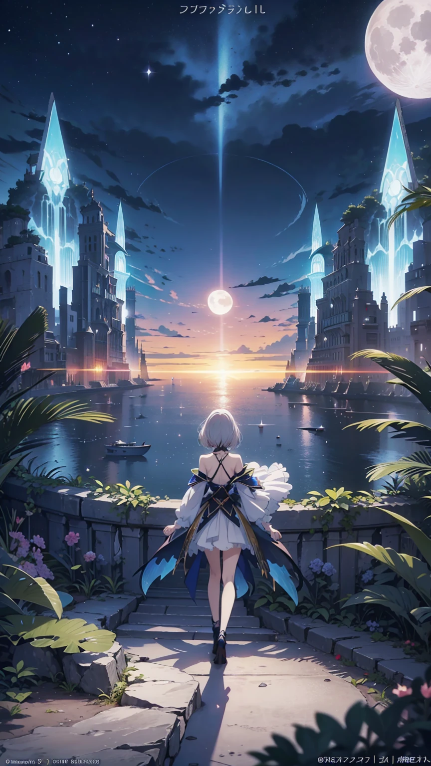 Anime girl walking near a cliff, Beautiful fantasy anime, high detailed official art, Silver-haired God, Shadowverse Style, Anime Goddess, Nightcore, Detailed Key Anime Art, official art, Masterpiece Goddess of Beauty, Anime fantasy illustration, Detailed digital anime art, Epic light novel art cover, From the Arknights video game, Anime fantasy art, Calm background, Bright white moon, white beach dress, Sea view