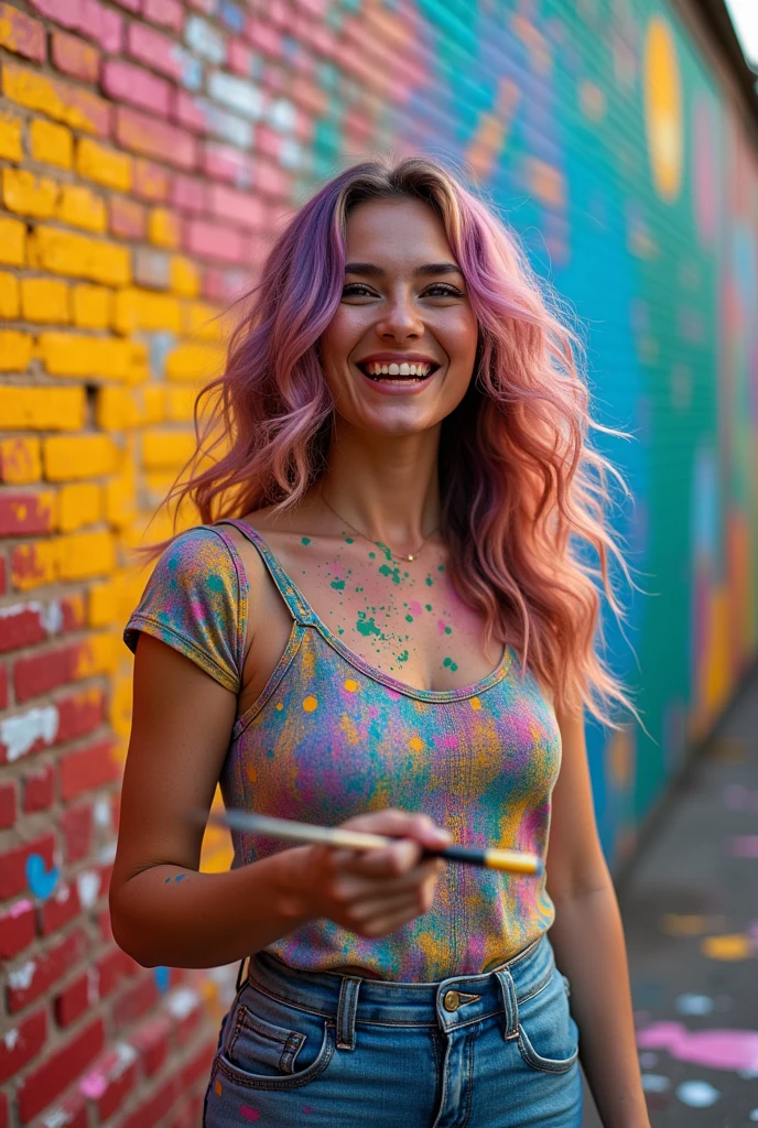 A beautiful topless 23 years old barefoot woman, with wavy short blonde hair, calm smile, in colorful bodypaint.