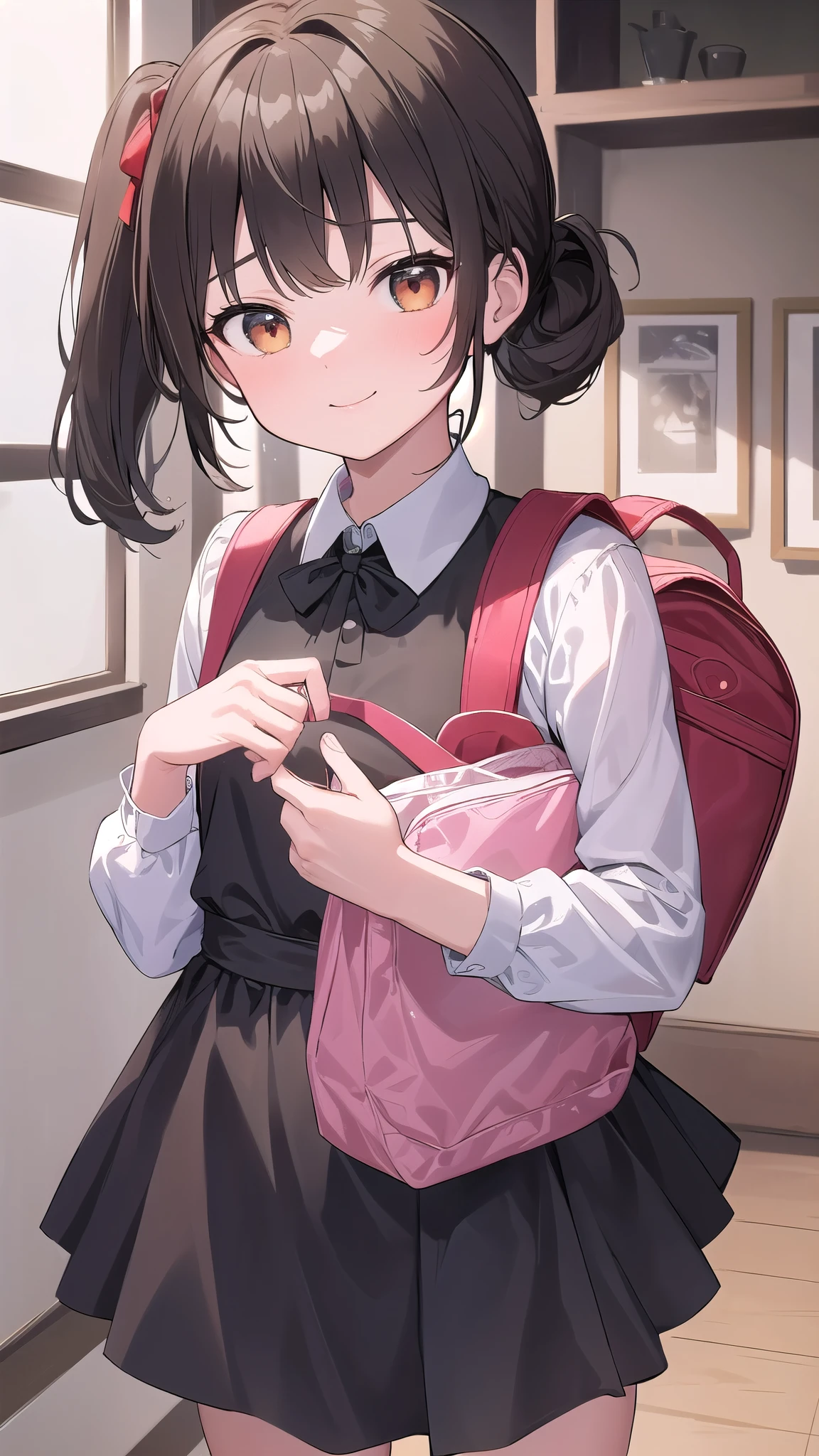 (masterpiece, 4K resolution, Ultra-realistic, Very detailed), Girl、、、blazer、Sit on a chair、classroom、Holding pink panties with both hands、smile、Black Hair、Bobcut、Brown eyes,holding panties,presenting panties.Perfect Fingers