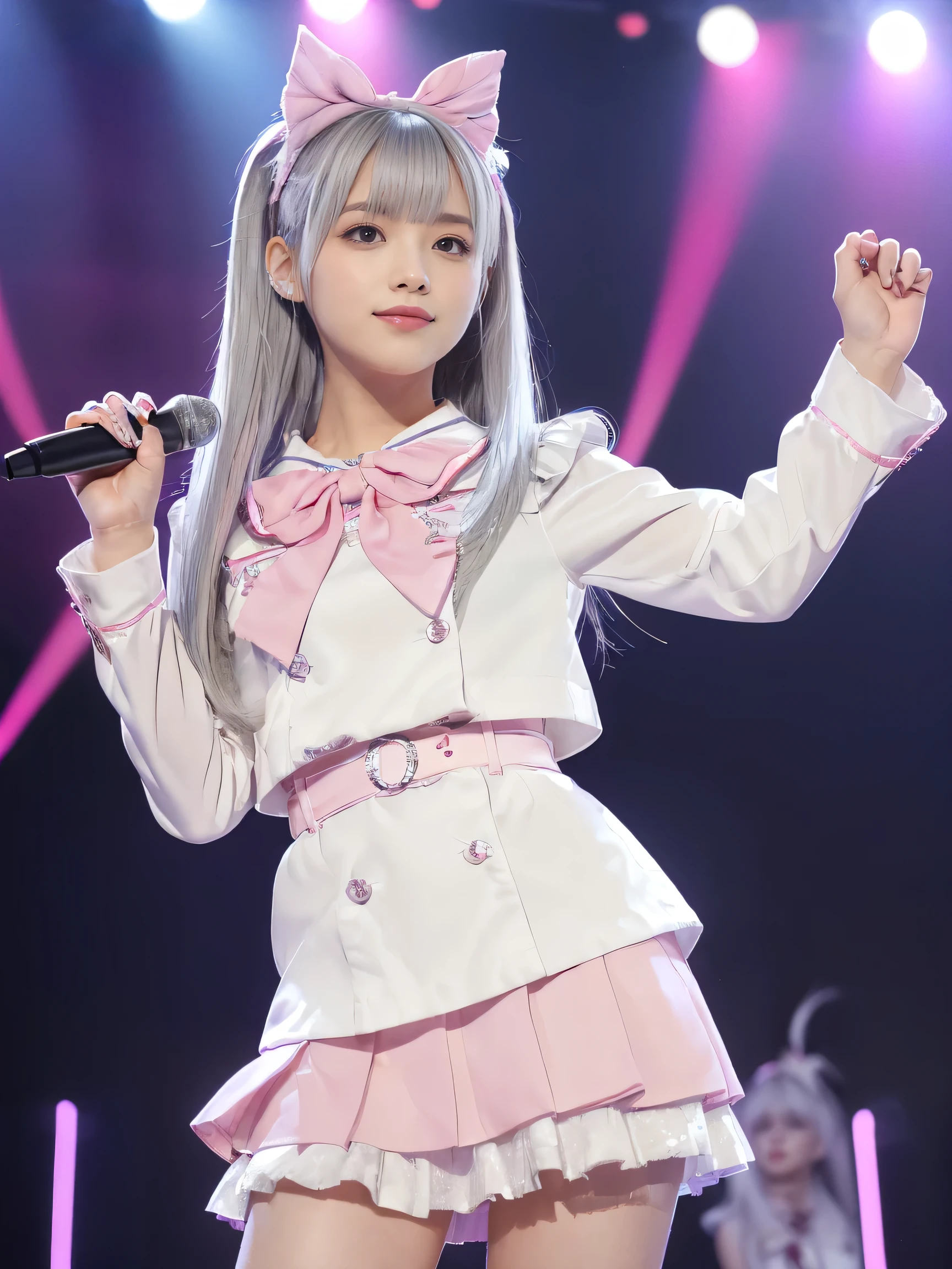 (((real picture, very real, 8K, realistic photos, no different from reality))), (((Asian girl, nice fingers, perfect hands, perfect fingers, ergonomic))),a super cute 20-year-old woman, ((she has silver hair, straight hair)),((she has silver hair, straight hair)),((she has silver hair, straight hair)),((she has silver hair hair)),She was wearing a pink and white ruffled sailor-neck dress, miniskirt, Japanese idol style, (((AKB48 uniform))), long sleeves, white bow tie, Japanese idol costume, dancing and singing happily, She is lively, playful and cute, with pink bow hair accessories in her hair, she is so cute as a dream, (((blunt bangs))), hair behind ear,(( long hair,Two side up hair styles)),(( long hair,Two side up hair styles)),(( long hair,Two side up hair styles)),(( long hair,Two side up hair styles)),(( long hair,Two side up hair styles)),(( long hair,Two side up hair styles)),(((Super cute photo pose))),(((She is an idol, singing on stage with a microphone))),((, innocent expression, smile)),((Pink eyes, heavy makeup, looking innocent, coquettish, innocent expression, smile)),(((Half-length to waist shot))), (((pink eyes))), (((pink eyes))), (((pink eyes))), (((pink eyes))), (((pink eyes))), (((pink eyes))), (((pink eyes))),((miniskirt, miniskirt dress)),((flat chest)),((flat chest)),((flat chest)),((flat chest)),((flat chest)),((flat chest)),((flat chest)),((pink Ruffled sailor collar)),(((She is an idol, singing on stage with a microphone))),(((full body, full body shot, showing legs, shot from far away))), (((dancing))),(((miniskirt))),((Clothes cover chest)),(((She is an idol, singing on stage with a microphone)), (((long hair))), (((silver hair))), (((silver hair))), (((silver hair))), (((silver hair))), ((silver straight hair, two sides up)), ((silver straight hair, two sides up)), ((silver straight hair, two sides up)), ((silver straight hair, two sides up)), ((silver straight hair, two sides up)),(((solo)))