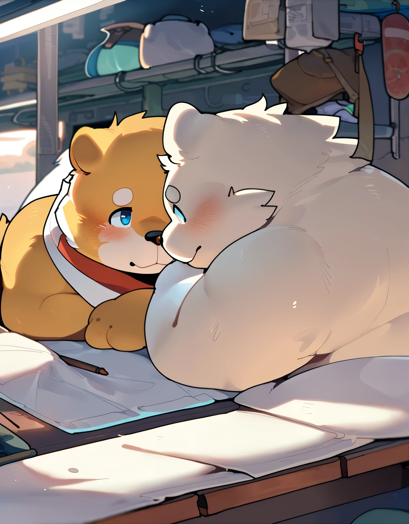 male, (childhood),Young,Chubby的,Bright eyes ,Round Face,((petite boy)),Big watery eyes,cute,Round Face,Chubby,2boy，(masterpiece)，(Two people),(Very detailed)，(Best quality)，Furry Shiba Inu Orc，Furry white polar bear orc，Hands on the table，Side face，Shiba Inu red pupils，White bear blue pupils，Chubby的，(Poor)，(blush:1.1)，((Shy))，紧张Shy的表情，Underground garage，8k，(high quality)，(Ultra high quality)，(Looks super detailed)，(Best Works),Detailed background, View Scale, (Height 1.65m)，pixiv works,HD,4K, Rich colors, Soft light, Miyazaki style, Quanjiang Art Style, By Chunni, From Quanjiang