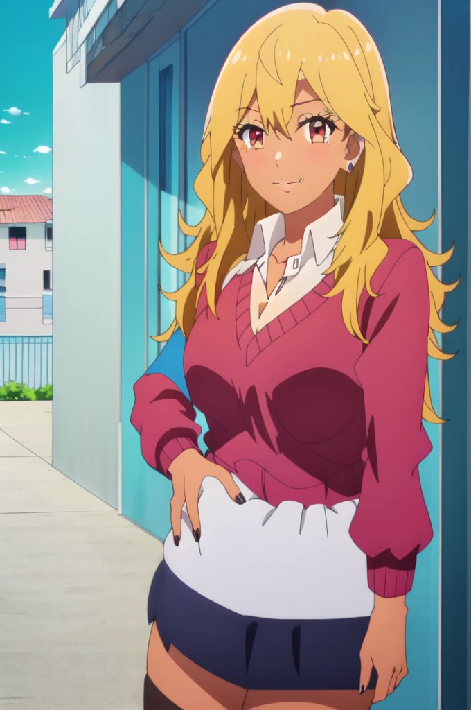 ((best quality)),((highly detailed)),masterpiece,absurdres,detailed face,beautiful face,(detailed eyes, deep eyes),1girl,  Tomo, ((red eyes)), black short skirt , sky, day, cloud, pleated skirt, leopard print panty, School rooftop, looking at viewer, open clothes, standing, unbuttoned white shirt showing cleavage, Gyaru, Big breast, ((full tanned skin)), Glossy lips, a lot of earpiercing, Necklace with heart shape,Bracelet, Half eyes expression, Smirk, feminim,((1girl)),((Solo)),Spouty mouth,Thick lips,colored Long nail,Stylish thick wavy hair,Celeb wavy hair,Tight tights,H cup,Gyaru rings,((Big bouncy breast)),Curvy figure,Half eyes open expression,(((school uniform with red long sleeve sweater ))),unbuttoned school uniform,cleavage,Solo,Heart shape emote,Detailed hand,Thick lips,half eyes,Humongous Breast,Dangerous cleavage,Stand out cleavage,Eyelash,((yellow blond colored hair)),Colorless lips,Enchanched breast,Show off cleavage,Body facing front,Gaze on viewer,Stud earring,Needy girlfriend,Needy bitch behaviour,Chocker,Smug face,((White collar)),Detailed hand,Crossing hand,Swaying hips