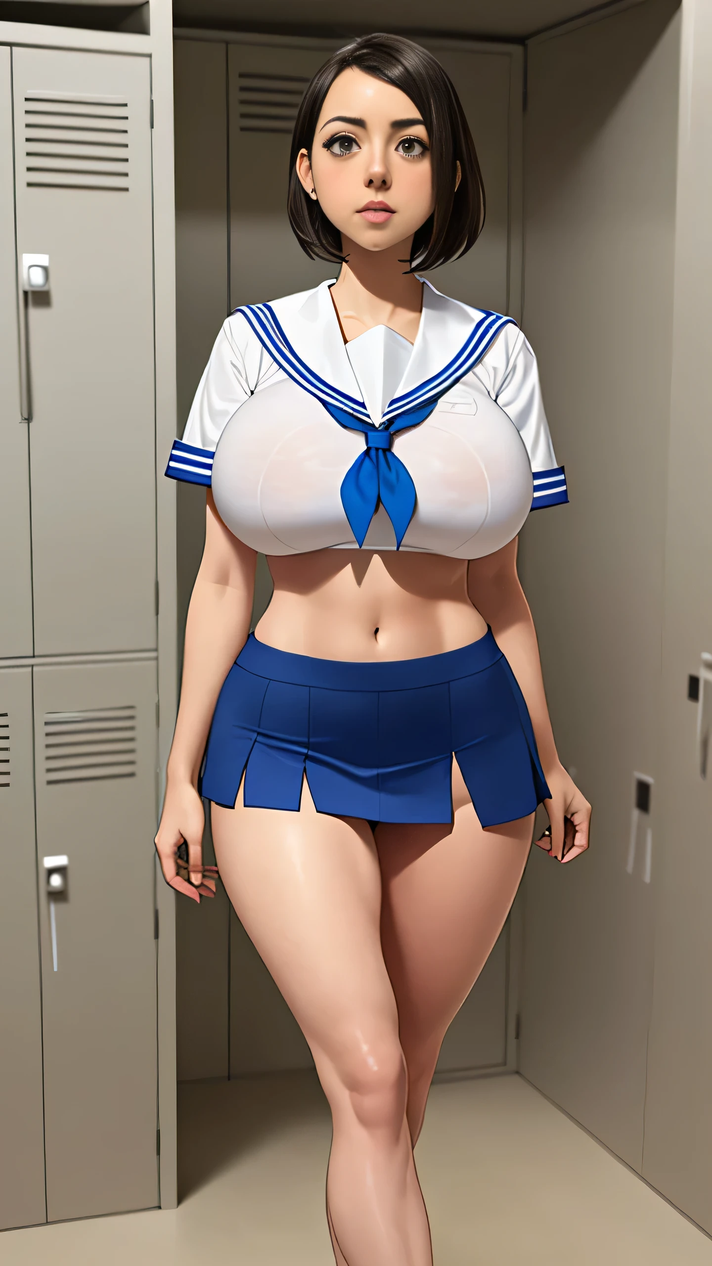 Aubrey Plaza, (Aubrey Plaza:1.5), masterpiece quality, (masterpiece quality:1.3), detailed, realistic, (realistic:1.3), 1girl, solo, (solo:1.9), alone, in a University locker room, school lockers in background, wearing sailor uniform, (sailor uniform:1.5), wearing white shirt, (white shirt:1.5), midriff, (midriff:1.5), wearing blue miniskirt, (blue miniskirt:1.5), bare legs, (bare legs:1.5), short hair, big breasts, (big breasts:1.5), thin body, 