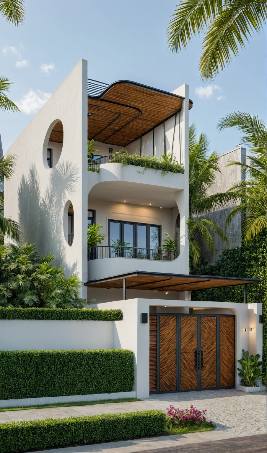 The tall and narrow 3-storey house is modernly designed, with steel gates and wooden details. The outside is painted white, the front wall has many curves. The house has windows on all sides and (wooden and iron ceilings: 1,2). Materials include black steel and wood. The third floor has trees growing on the middle columns, surrounded by tropical vegetation. The scene was shot from a 24mm angle perspective, with soft, natural lighting highlighting textures and materials, creating soft shadows that highlight the curves of the front wall and wooden details.