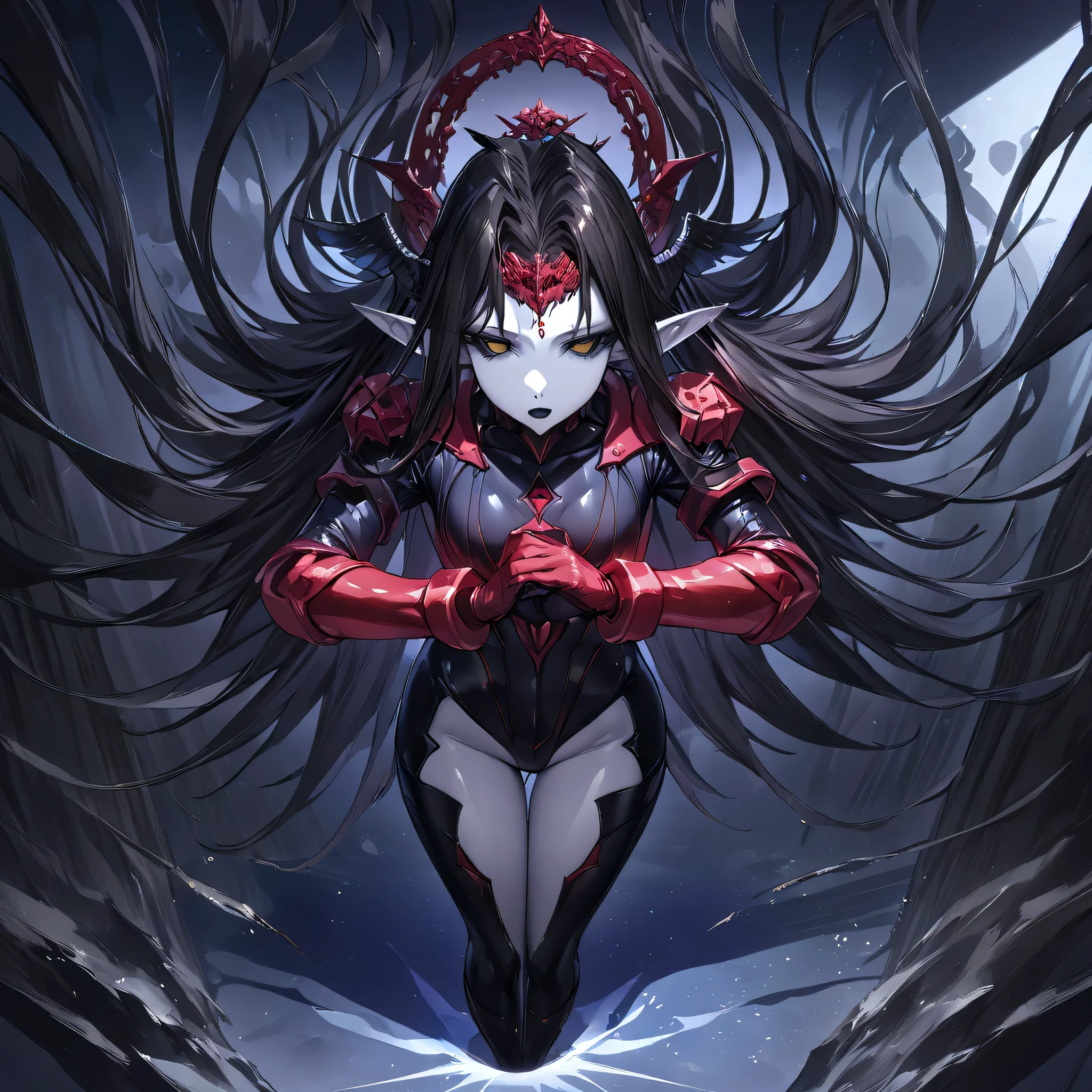 anime, (masterpiece), (best quality), (ultra-detailed), (best illustration), (best shadow), (absurdres), (detailed background), (very aesthetic), shiny, detailed beautiful eyes, outstanding, countershading, detailed soft lighting, an exquisite animation illustration, 1girl, solo, anheang, Dollsuit, thighthigh, dark persona, empty eyes, expressionless, blank eyes, looking at viewer, red gloves, full body, emotionless, Fighting Stance, hair ornament, black hair, black lips, blue skin, endsinger, fantasy, head wings, long hair, night, night sky, orb, pale skin, pointy ears, wings,