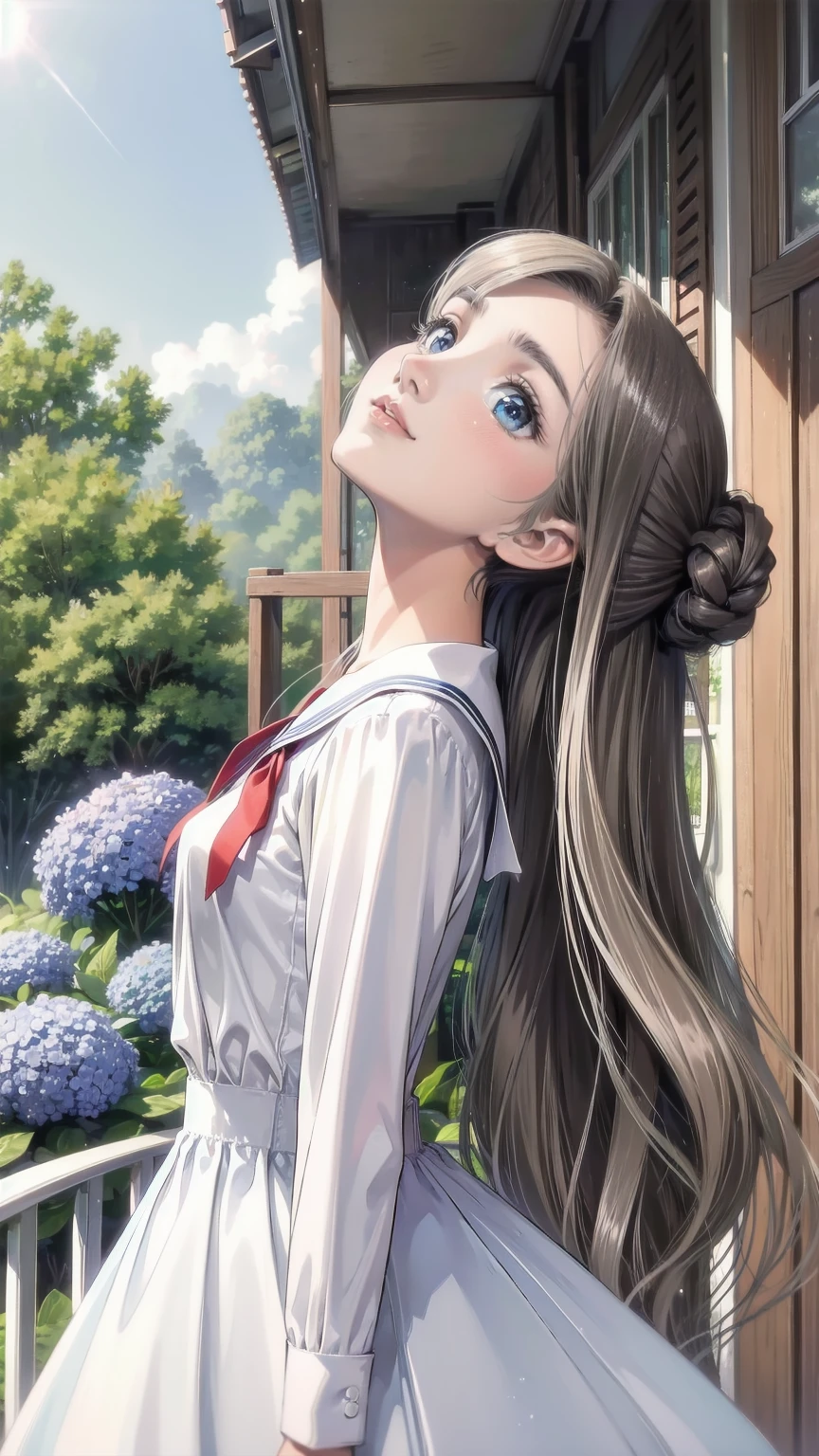 Best Quality,masterpiece,Watercolor style,girl,blonde,blue eyes,White Dress,Red Ribbon Hydrangea,after the rain,rainbow,Looking up at the sky,smile,The light spreads,White Dress,Sailor collar,Long sleeve,Dark blue on the cuff,Line on the cuff,,Shortcuts,