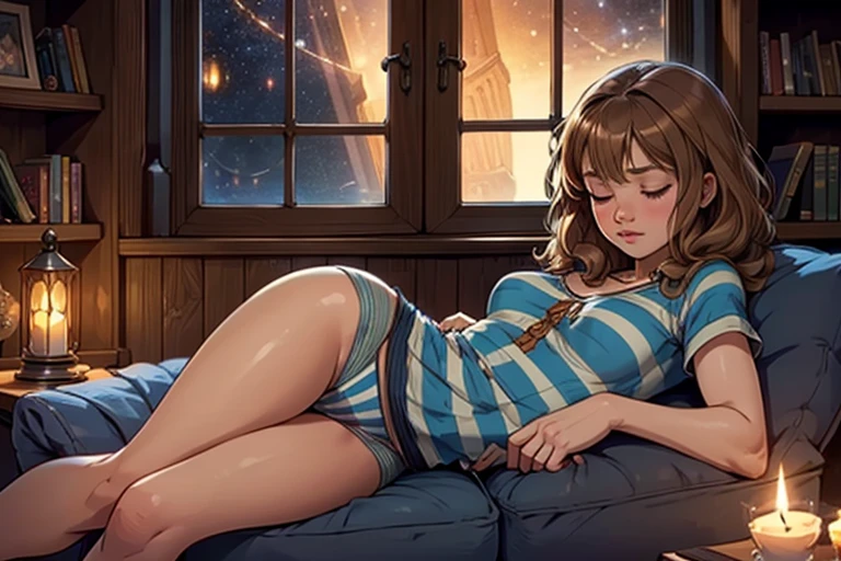 1girl, 11yo, young face, slender body, small breasts, buttocks, hips, thighs, buttcheeks, "A cozy scene of a young girl resembling Hermione Granger from her first year at Hogwarts. She is sleeping peacefully in her homeroom, curled up on a comfortable couch. Her appearance is of an 11yo girl with bushy brown hair, wearing simple striped pajamas. The room has a warm, magical atmosphere with wooden walls, shelves filled with books, and softly glowing candles or enchanted light. The window shows a starry night sky, casting a gentle glow on her sleeping face