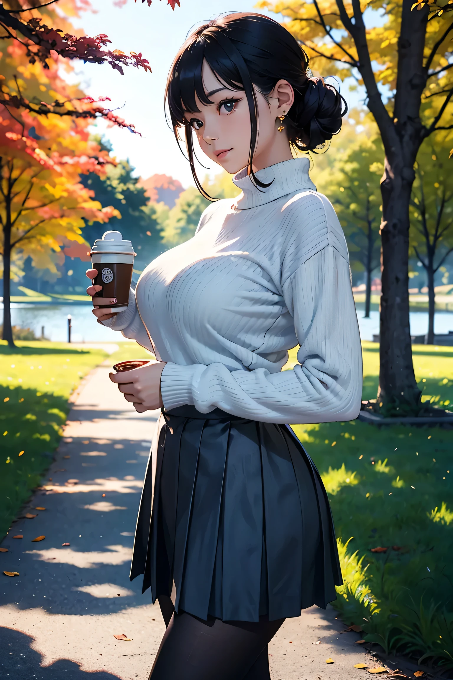(highest quality, 8k, 32K, masterpiece), (Realistic), (Realistic:1.2), (High resolution), ((Sitting in front of the cafe)), ((Turtleneck shirt:1.3)), photograph, masterpiece, Highest quality, Dark Gray Background, (1 female), ((mature)), (Plump breasts), Perfection face, perfection , ((Brown eyes and beautiful, bright black hair)). beautiful,Highly detailed face, Detailed eyes, smile, buzzer, Daytime,