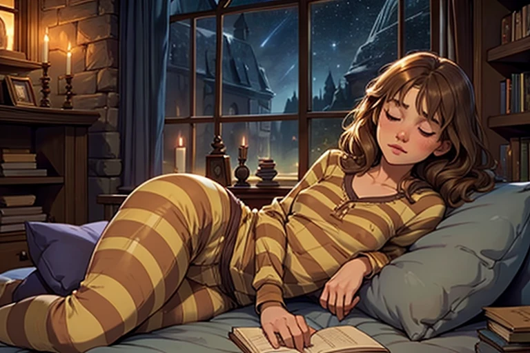 1girl, 11yo, young face, slender body, small breasts, buttocks, hips, thighs, buttcheeks, "A cozy scene of a young girl resembling Hermione Granger from her first year at Hogwarts. She is sleeping peacefully in her homeroom, curled up on a comfortable couch. Her appearance is of an 11yo girl with bushy brown hair, wearing simple striped pajamas. The room has a warm, magical atmosphere with stone walls, shelves filled with books, and softly glowing candles or enchanted light. The window shows a starry night sky, casting a gentle glow on her sleeping face