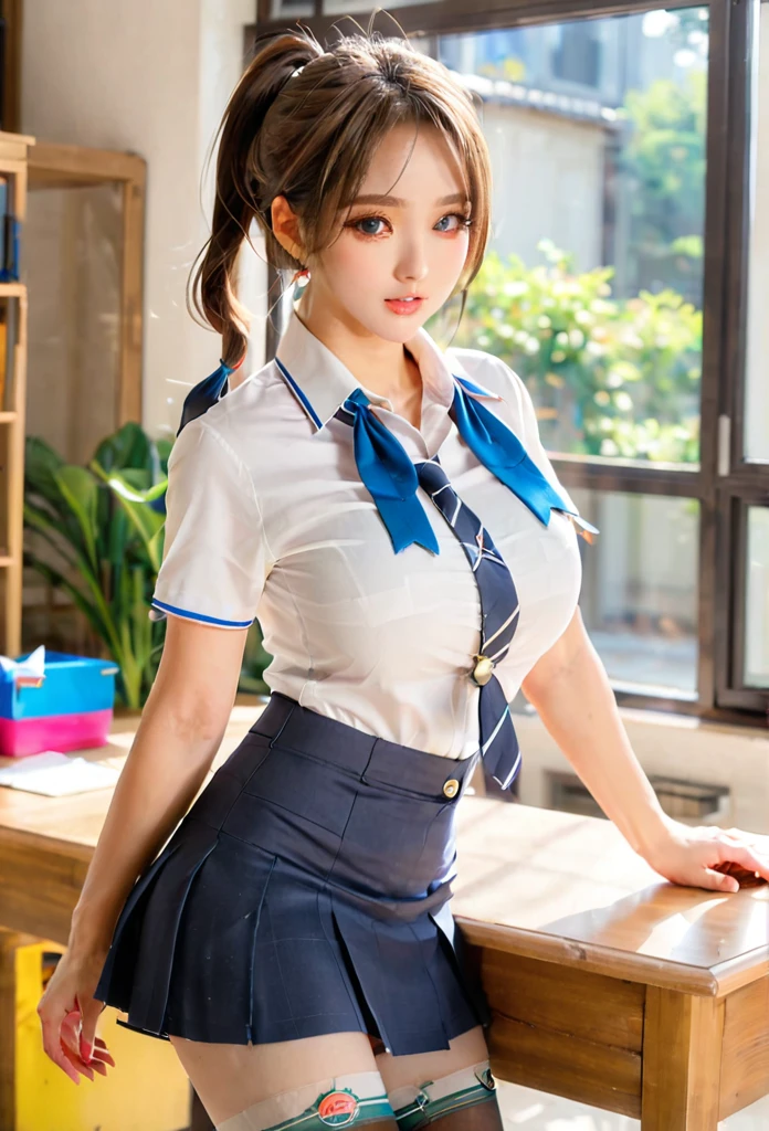 ((Best Quality, 8K, Masterpiece: 1.3)), 1girl, shiny skin, sharp, Perfect Body Beauty, realistic shaded perfect body, (JK school uniform:1.3), (Japanese high school girl:1.2)(Uniform bow tie:1.3)(dynamicposes)、(white shirt:1.2), pantie shot, ("skirt , skirt lift, no panties":1.3) , cleavage , (big breasts:1.5) ,  (cleavage:1.5), thigh , small face  ,bottomless