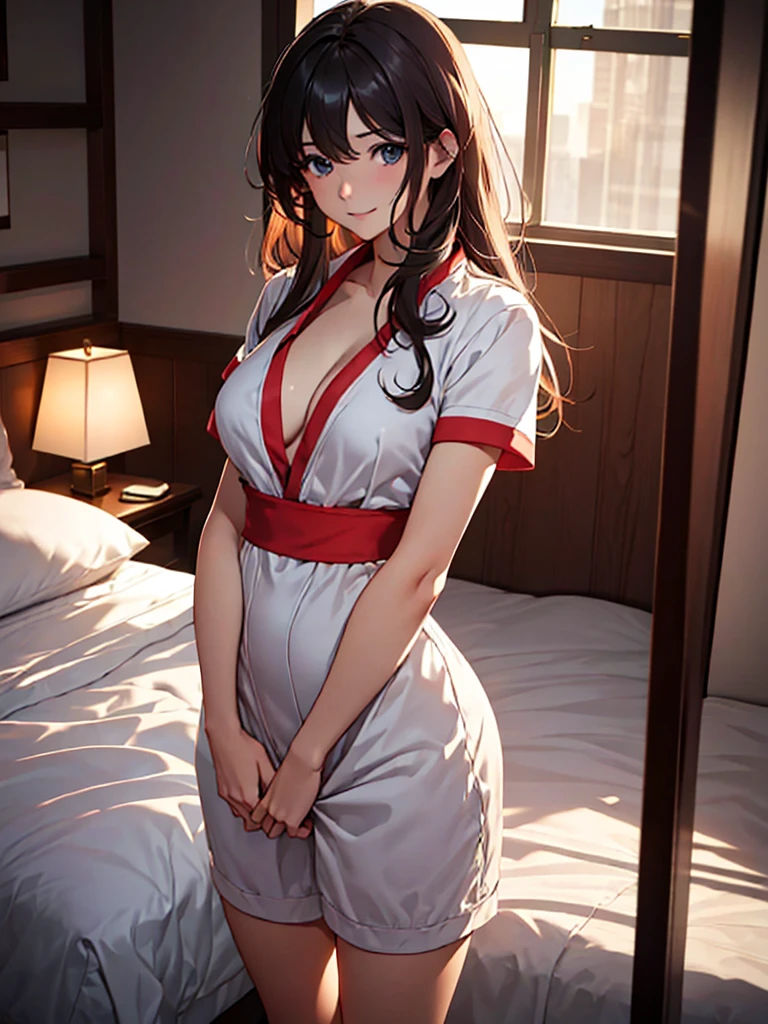 (masterpiece、top-quality、hight resolution、Unity 8k Wallpaper、extremely details CG:1), In a dimly lit hotel room, standing before her is the prostitute she is about to have sex with, and she immediately recognizes him as the delinquent girl who used to bully her in school. Her expression is a mixture of surprise and amusement as she realizes his true identity. She stands with one hand on her hip and a mischievous smile on her face, clearly enjoying his discomfort. The room is simple, the bed, nightstand, and dim lighting creating an intimate yet tense atmosphere. The focus is on the woman's facial expressions and body language, highlighting the awkward and unexpected reunion. nsfw
