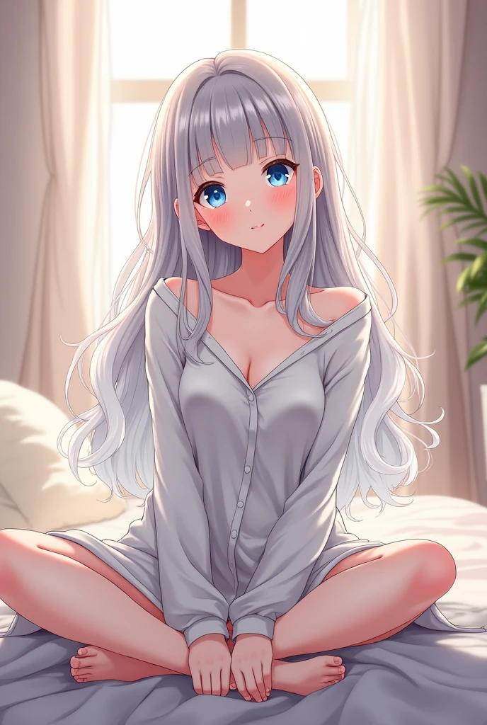 1Girl, Solo, Anime, Ideal body, (Cleavage, Small breast). Beautiful, Gorgeous, Fresh, Blunt Bangs, (White Grey Hair:1.5),(Straight and Wavy Long Hair:1.3), Virgin Sweater, Off-Shoulder, Cotton Sweater, Comfort, Robe, Wool. (Comfort Kneel:1.3). Earrings, Thin Black Headband, Green Accessories, Environmental Details, Bed Room, Natural Light, Modern Bed, Chair, Window, White Curtain, City View. pov, anime style, UHD, retina, masterpiece, accurate, anatomically correct, textured skin. High Resolution, Looking at viewer, Blush, Best Quality, Award Winning, Accurate, Embarrassed, seductive smile, sweating, Naughty Face, Naughty smile, Gradient Eye Color, Sexy Pose. Cowboy Shot, 