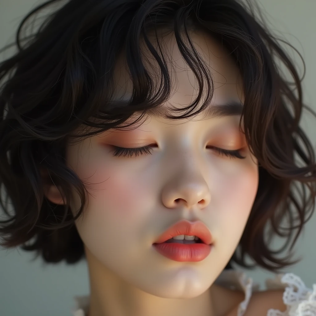 (24 year old lover), (big breasts:1.3),show small areola,on the bed, (maximum resolution: 1.4), (super high quality: 1.2), cinematic light, super high quality,My cheeks turned red:1.2、 (beautiful eyes and skin), (detailed facial features), 8K resolution, perfect style, beautiful expression、Highly detailed face and skin texture、detailed eye、double eyelid、glitter eyeliner:1.2、shiny skin、pure white skin:1.8、white skin:1.8、red rouge、dark lipstick:1.2、shiny small earrings、wet lips:1.2,glossy lips:1.2、(straight hairstyles、light brown hair)、(facing the front:1.2),long hair、(Close your eyes and ask for a kiss:1.3),From above, ((whole body)), ((one length haircut)),, (((exposed cleavage))), ((face up)),((look up and open your lips)), ((no brassiere)), beautiful breasts,((one length haircut)),((large breasts)),kissing,stick out your lips,,exposed cleavage, look up,raise your chin,open your mouth slightly,waiting for kiss,turn your face up,push your lips forward, stick out your tongue, small lace panties