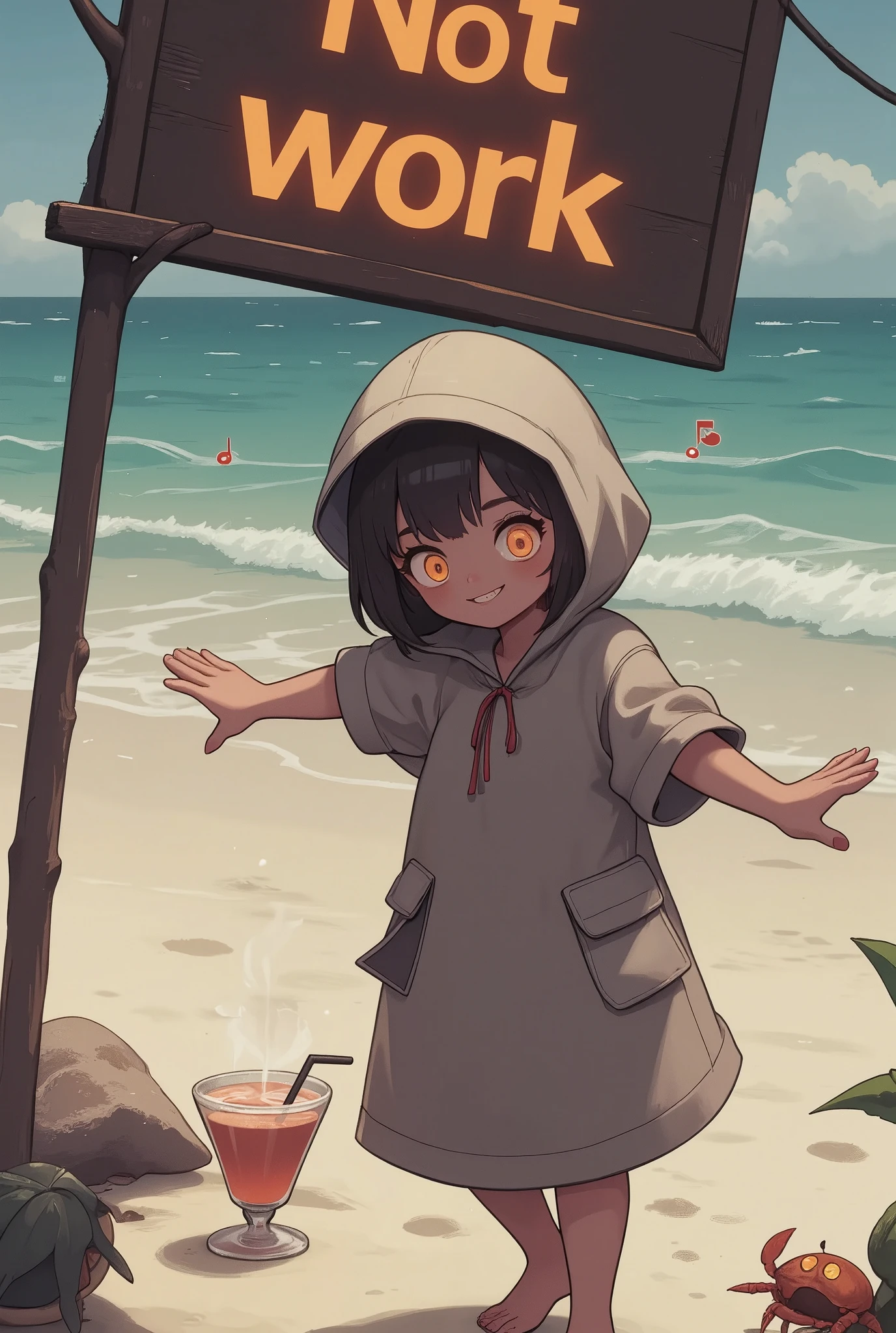 board that says "Not accepting work" is hanging, cute girl turns around and smiles, wearing three-quarter length swimsuit, hooded parka, background, beautiful beach with the sea, beach umbrella, cocktail juice, hermit crab, dazzling Effects, 2.5D, BREAK artistic photography, hyper realistic, digital graphic CG, BREAK ultra detailed, absolutely resolution, best quality