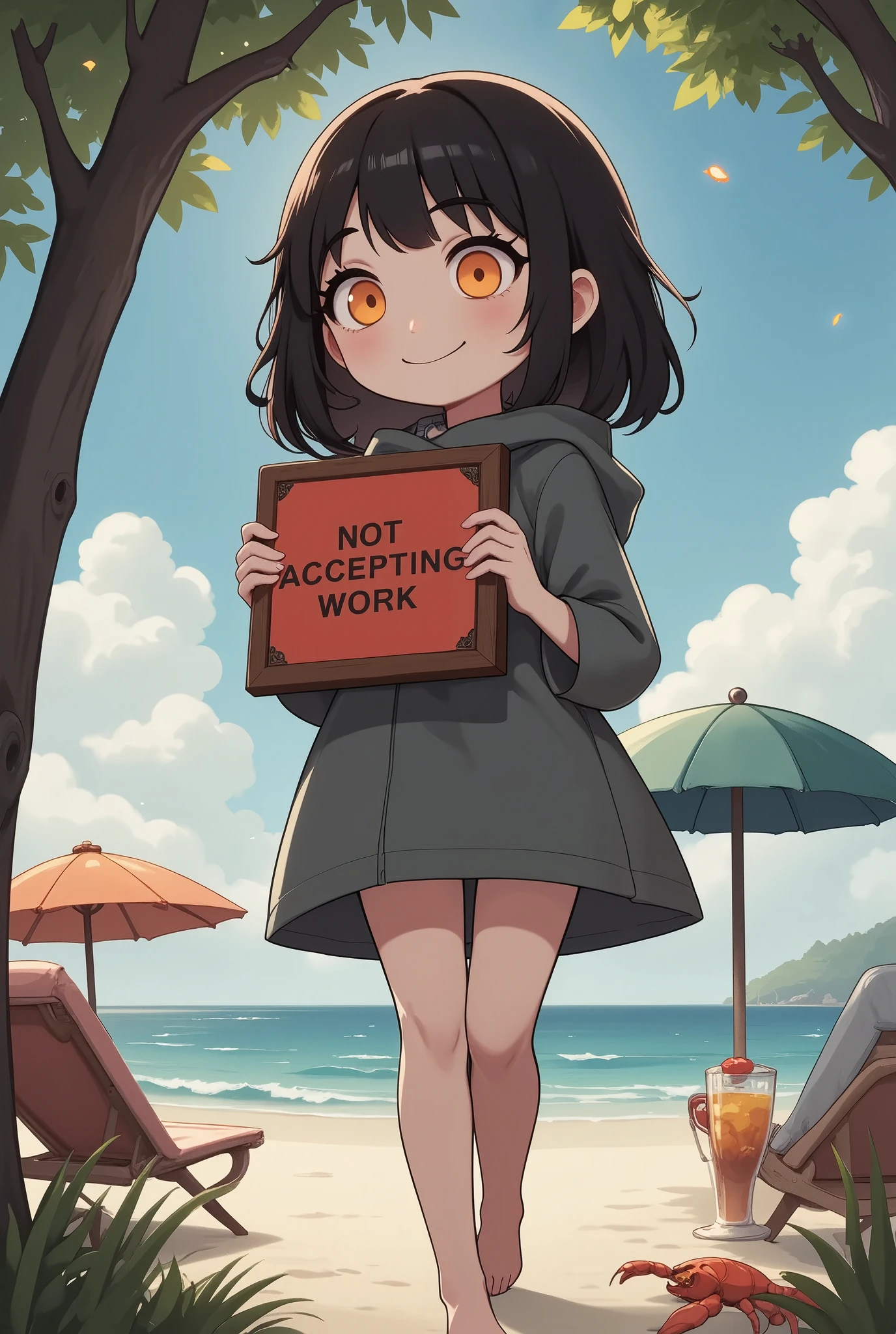 board that says "Not accepting work" is hanging, cute girl turns around and smiles, wearing three-quarter length swimsuit, hooded parka, background, beautiful beach with the sea, beach umbrella, cocktail juice, hermit crab, dazzling Effects, 2.5D, BREAK artistic photography, hyper realistic, digital graphic CG, BREAK ultra detailed, absolutely resolution, best quality