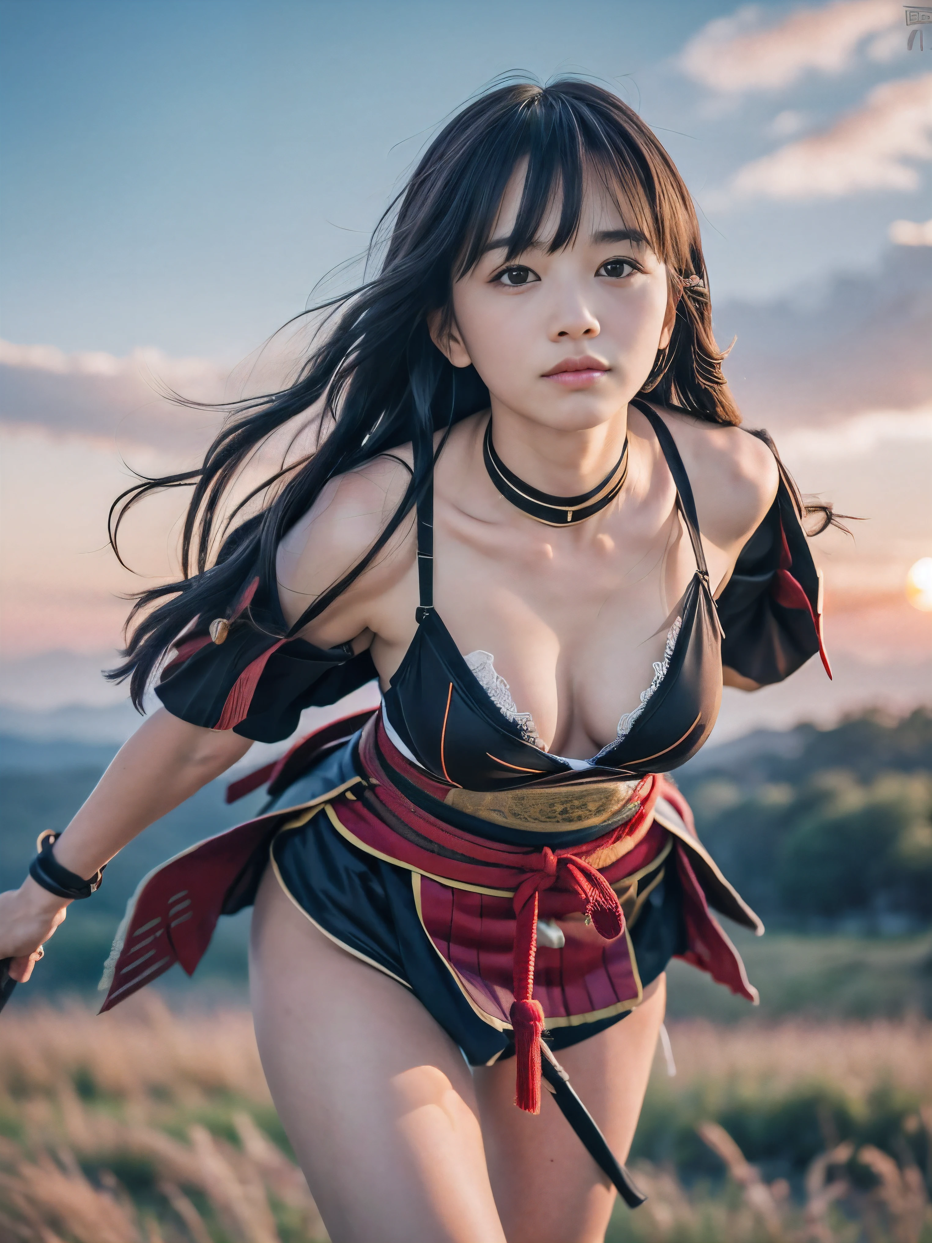 (Close up portrait of one slender small breasts two side up black medium hair with bangs girl in an black colored armor warrior as samurai in Japan:1.5)、(One girl is fighting pose with a white-bladed sword on the grassland in Japan with small smile:1.3)、(Beautiful sunset red sky:1.5)、(blurred background:1.5)、(Natural light:1.5)、(8k ultra detailed master piece:1.5)、(perfect anatomy:1.5)、(Photorealistic stick:1.5)、(Raw photo:1.3)、(highest quality:1.5)、(High resolution:1.3)、(Delicate and beautiful perfect face:1.3)、(Delicate and beautiful eye air skin:1.3)、(Real Human Skin:1.3)、((thin legs))