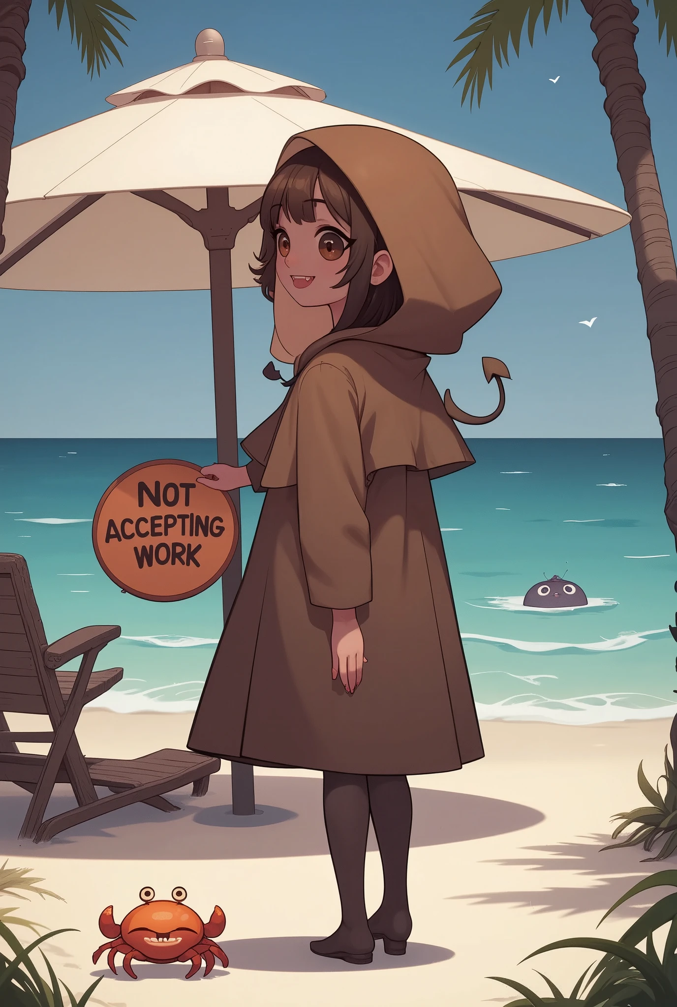 board that says "Not accepting work" is hanging, cute girl turns around and smiles, wearing three-quarter length swimsuit, hooded parka, background, beautiful beach with the sea, beach umbrella, cocktail juice, hermit crab, dazzling Effects, 2.5D, BREAK artistic photography, hyper realistic, digital graphic CG, BREAK ultra detailed, absolutely resolution, best quality