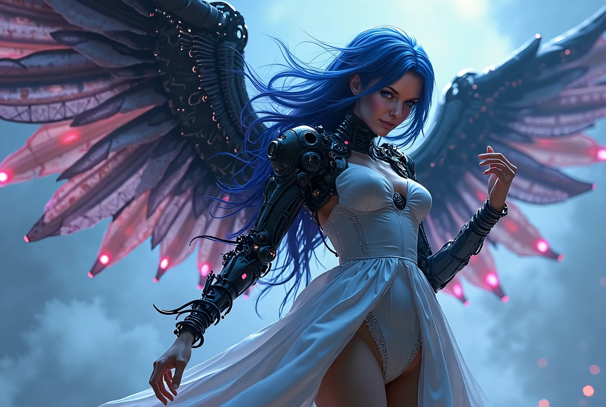 ager woman with light blue hair with purple eyes and curvy waist and big thighs and big butt with angel wings and sexy samurai armor with yin yang colors