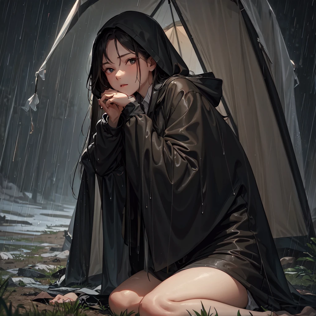 A young woman camping in heavy rain sits in a tent, camping in the rain, can't see anything in front of her.