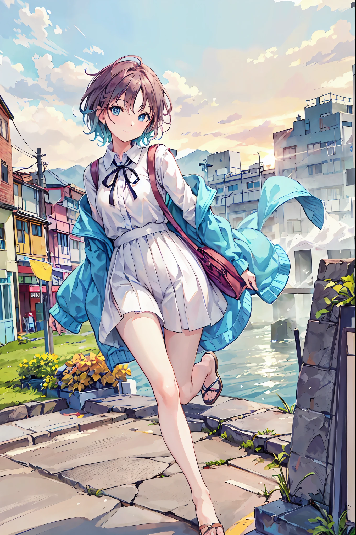 bustup、morning、Girl walking on a path parallel to the railroad tracks、Raising the right hand、Vigorous、You can see the sea in the background, I see the train、（ hair adornments、Floral hair ornament）、 masutepiece, Anatomically correct、A smile, radiant light、Shinkai Makoto style