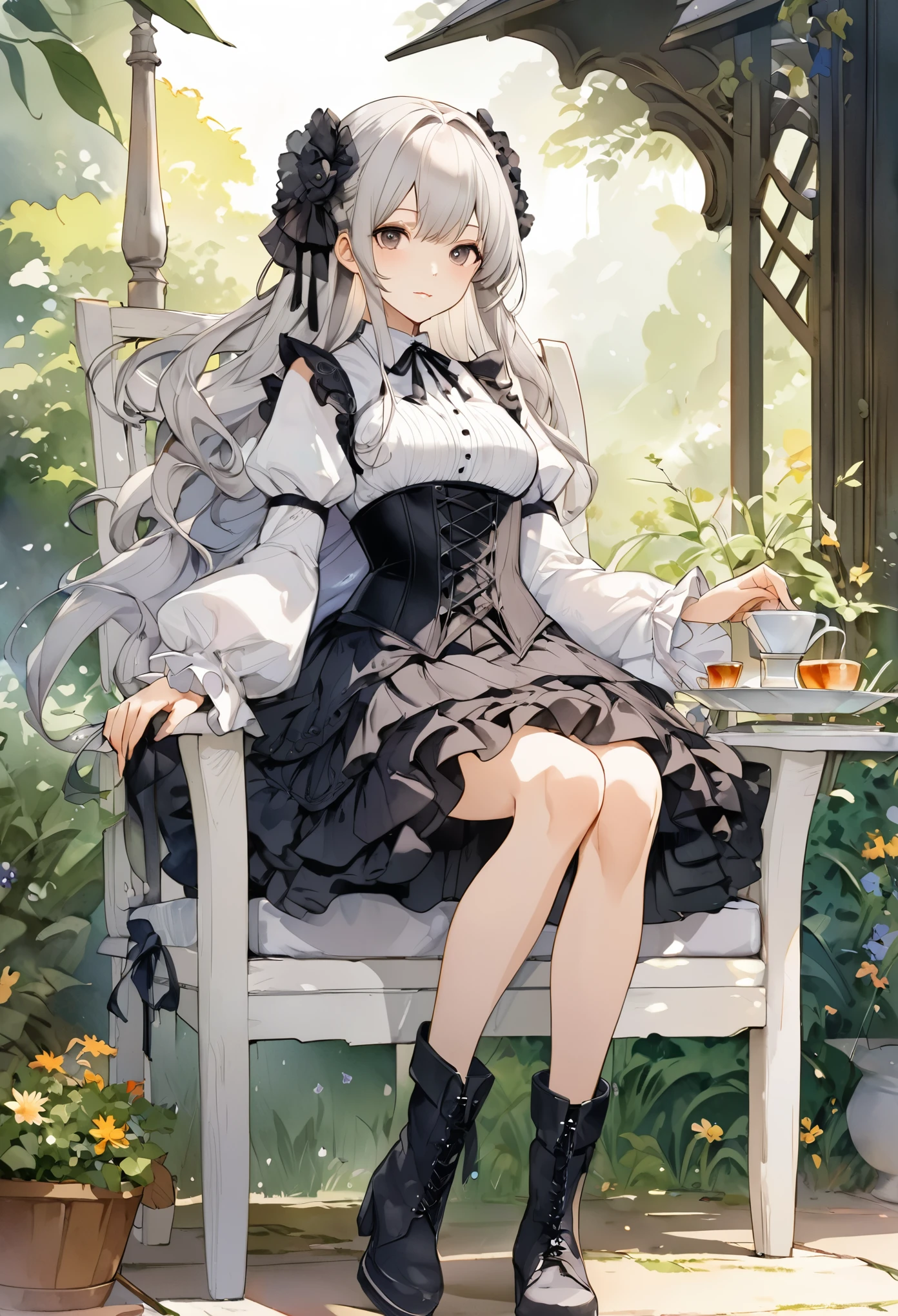 illustration,butterfly,flower,1girl,long hair,hat,necktie,holding,frills,dress,bangs,pantyhose,black footwear,black headwear,skirt,ribbon,daisy,full body,pink bow,border,<lora:v3_epoch_7:0.8>,<lora:add_detail:0.8>,