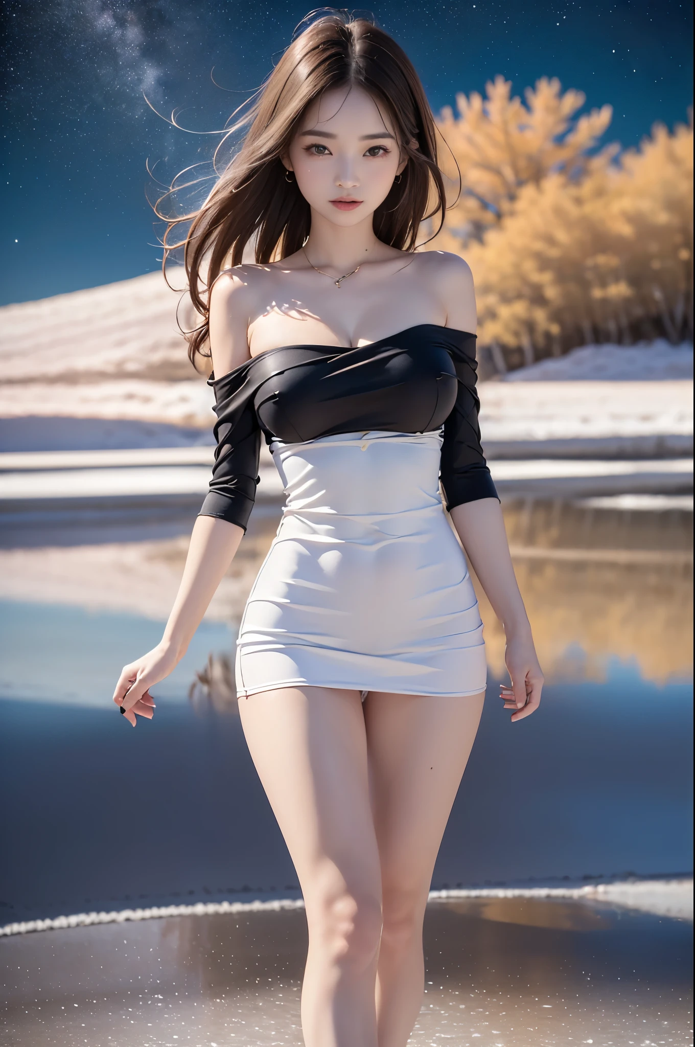 (((masterpiece:1.4, Please redeem:1.4, 8k, Ultra-high resolution, Physically Based Rendering))), Full body portrait, Super beautiful sexy woman, Perfectly shaped body, 18 years old, (The large eyes are carefully drawn in detail), Thin eyebrows, Eye Enhancement, (Brown short hair, A strong wind is blowing her hair away:1.4), Highly detailed face and skin textures, Clear Focus:1.2, Slender beauty:1.4, ((Huge breasts:1.4, Expose your breasts:1.1, Erect nipples:1.2)), Slim Abs:1.1, Narrow waist:1.2, Distinctive facial features, (No makeup), (((Metallic black super tight dress, Off the shoulder:1.4, Sparkling, Metallic black pleated mini skirt, Skirt flip:1.4, Long, slender legs))), Wet body, (((No pants, Detailed beautiful pussy exposed:1.4, pubic hair:1.5, Cum in pussy:1.5, Milky fluid drips from her vagina down to her thighs.:1.5, Spread the word:1.2, Touching pussy:1.1))), (smile:1.3, :1.2, Look up:1.2, Open your mouth, Sticking out tongue:1.2 ), (Browse your viewers:1.1), (I was already done:1.3, Spread the word your legs on the surface of the Uyuni Salt Flats:1.4, Camel Toe), (Night view), (Incredibly beautiful starry sky:1.2), (Starry sky reflected in the Uyuni Salt Flats:1.3), ((The starry sky is reflected on the beautifully clear water.)),