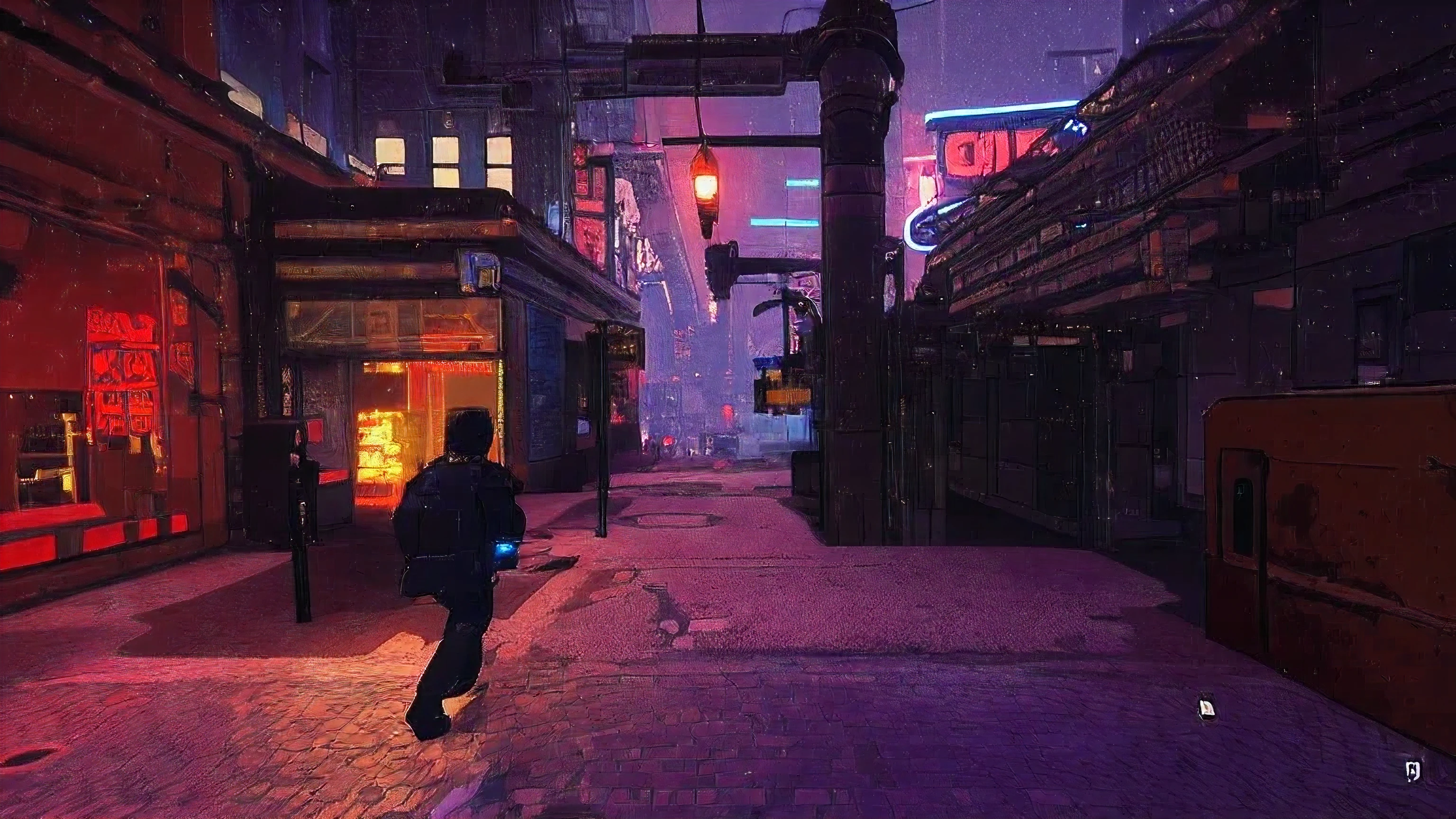 there is a man walking down a street in a city, lo-fi retro videogame, action scene screenshot, gameplay still, bladerunner street alley, pc screenshot, 2020 video game screenshot, videogame screenshot, videogame still, beaten city. neo noir style, in game style 8k, traversing a shadowy city, hd 4k game screenshot