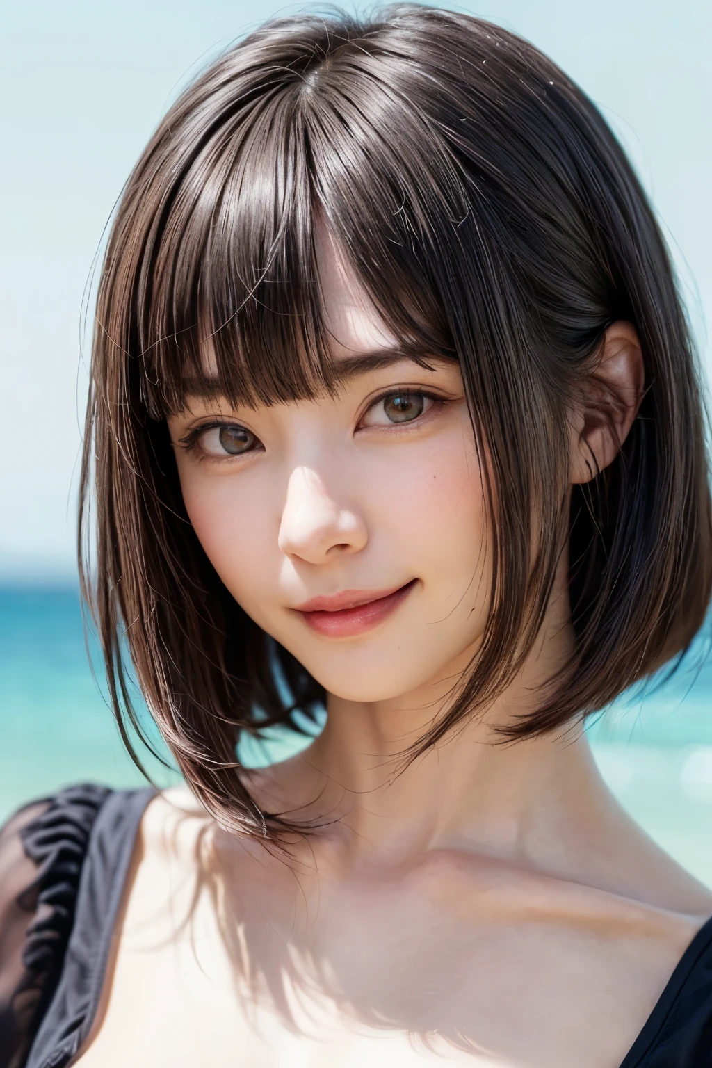 女の子1人、top-quality、realisitic、report、depth of fields、natural soft light、during daytime、魅惑的、beauitful face、Cleanliness、Pure face、de pele branca、cute hawk hair、bangss、the beach、rays of sunshine、Nedium Breast Body Esbian、((Beautiful face with sweater golden ratio Beautiful face with symmetry))、long neck、Put your ears out、bangssのあるきれいな短いボブヘア、Smile with your mouth closed:1.4、Smile with your mouth closed:1.4、perfect hand指、perfect hand、Perfect body、face perfect、Shine a light into the eyes、Perfect Anatomy:1.4、very cute super model:1.4