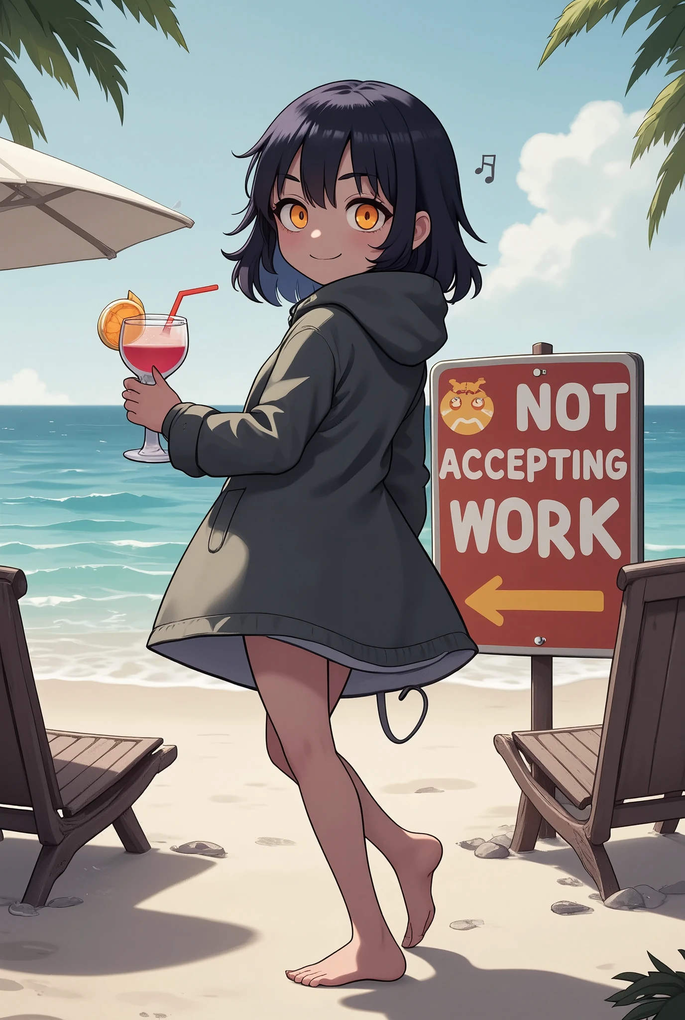 board that says "Not accepting work" is hanging, cute girl turns around and mischievous smiles, wearing three-quarter length swimsuit, hooded parka, background, beautiful beach with the sea, beach umbrella, cocktail juice, hermit crab, dazzling Effects, 2.5D, BREAK artistic photography, hyper realistic, digital graphic CG, BREAK ultra detailed, absolutely resolution, best quality