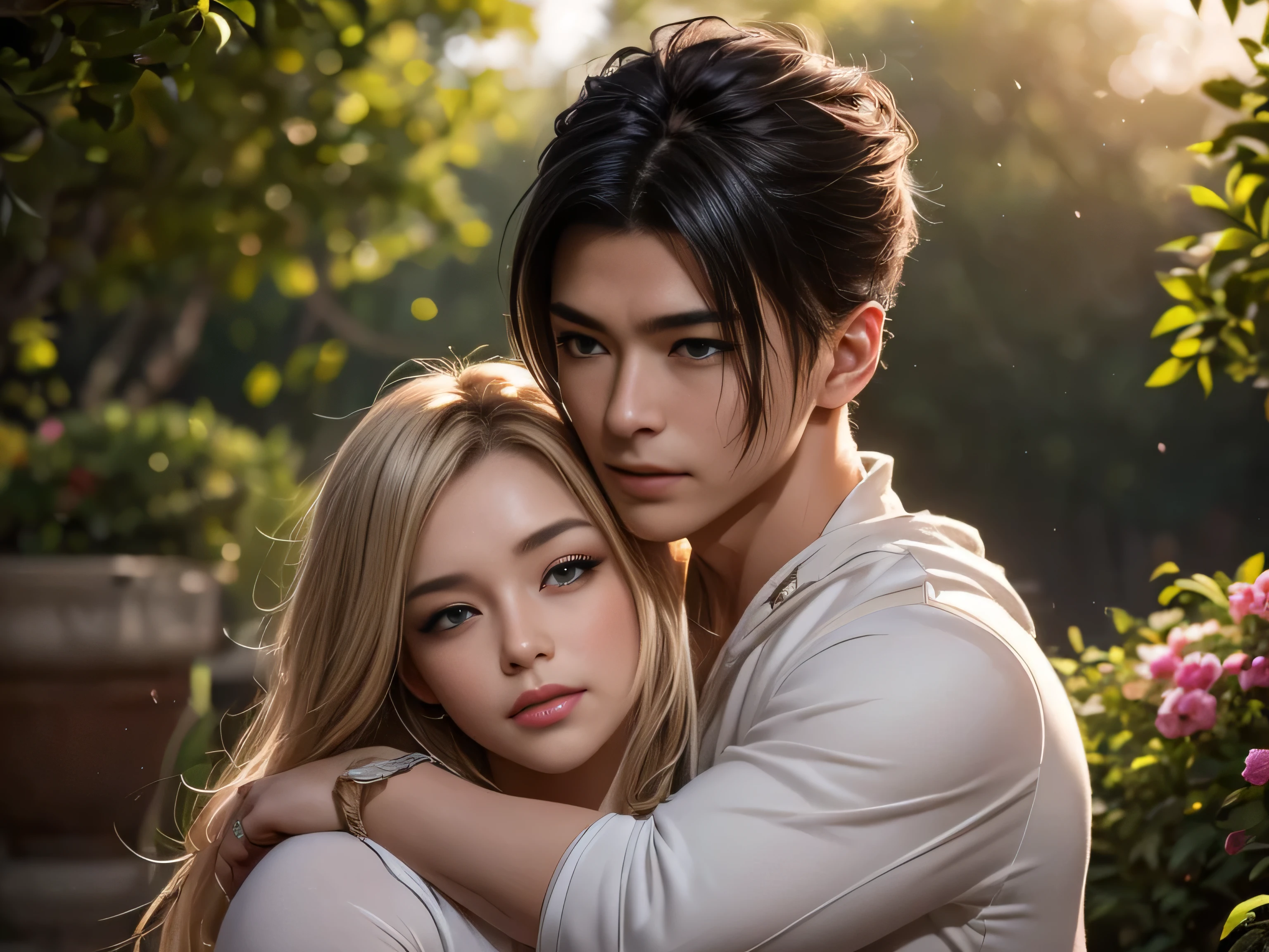 (Best Quality, Super Detail, Masterpiece, Representative Work, Official Art, Professional, Super Fine Detail, 8k:1.3), (photorealism:1.2), (Couple, Beautiful Girl and Boy), A couple in the sea of flowers, Handsome guy hugs beautiful girl from behind, Smiling and Wearing White Clothes, Delicate Hair, Chinese Beauty and Handsome Man, Wearing Ancient Chinese Clothes, Flowing Tulle, Light Silk, Create a movie poster similar to those used in Chinese romantic fantasy dramas, Correct proportions, Perfect face, perfect hands, Sweet atmosphere, Photorealistic, Sharp Focus, Dreamy Atmosphere, Delicate Details, Soft Volumetric Light, (Backlight:1.3), (Cinematic:1.2), Intricate Details, (ArtStation:1.3)