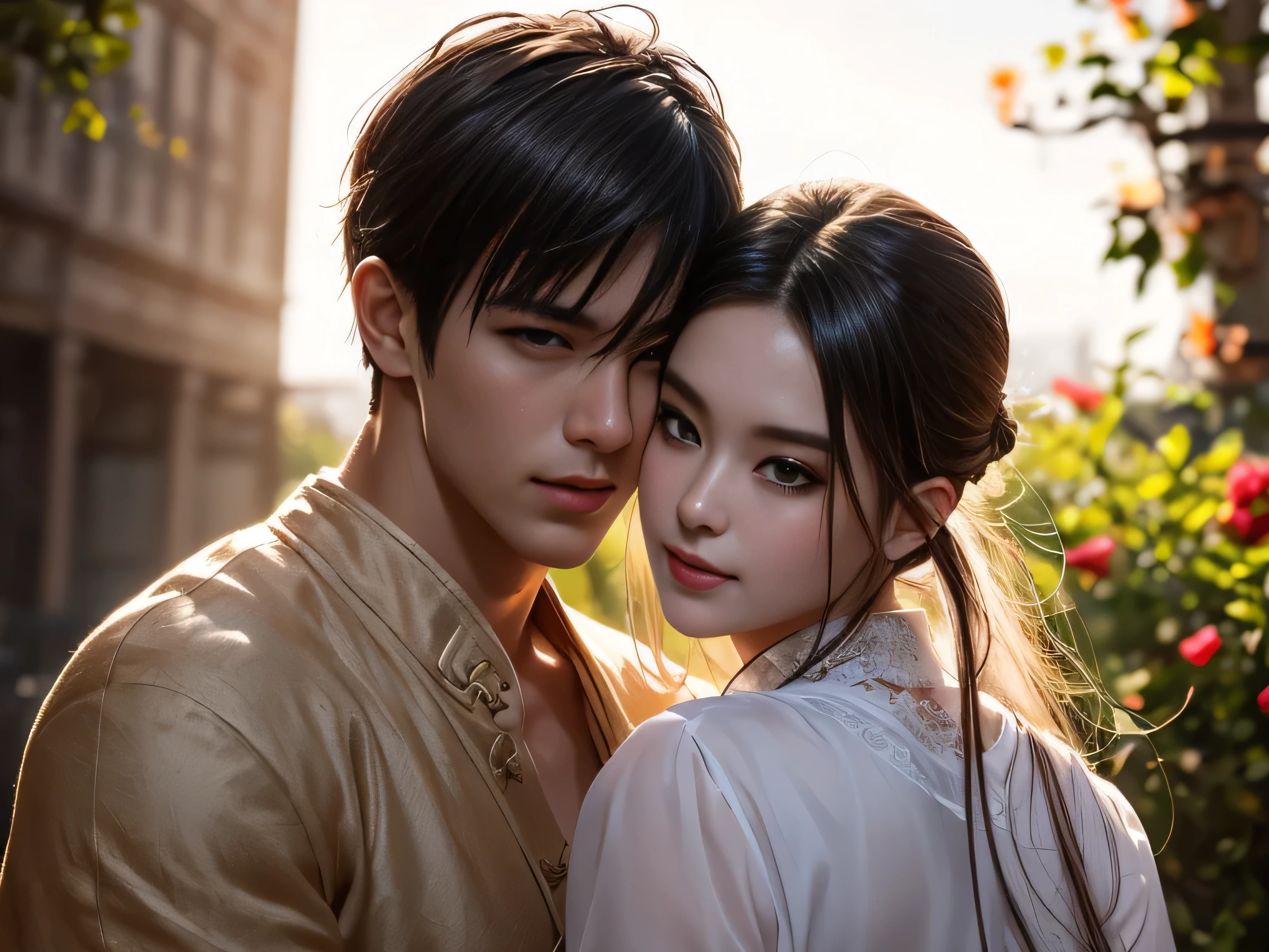 (Best Quality, Super Detail, Masterpiece, Representative Work, Official Art, Professional, Super Fine Detail, 8k:1.3), (photorealism:1.2), (Couple, Beautiful Girl and Boy), A couple in the sea of flowers, Handsome guy hugs beautiful girl from behind, Smiling and Wearing White Clothes, Delicate Hair, Chinese Beauty and Handsome Man, Wearing Ancient Chinese Clothes, Flowing Tulle, Light Silk, Create a movie poster similar to those used in Chinese romantic fantasy dramas, Correct proportions, Perfect face, perfect hands, Sweet atmosphere, Photorealistic, Sharp Focus, Dreamy Atmosphere, Delicate Details, Soft Volumetric Light, (Backlight:1.3), (Cinematic:1.2), Intricate Details, (ArtStation:1.3)