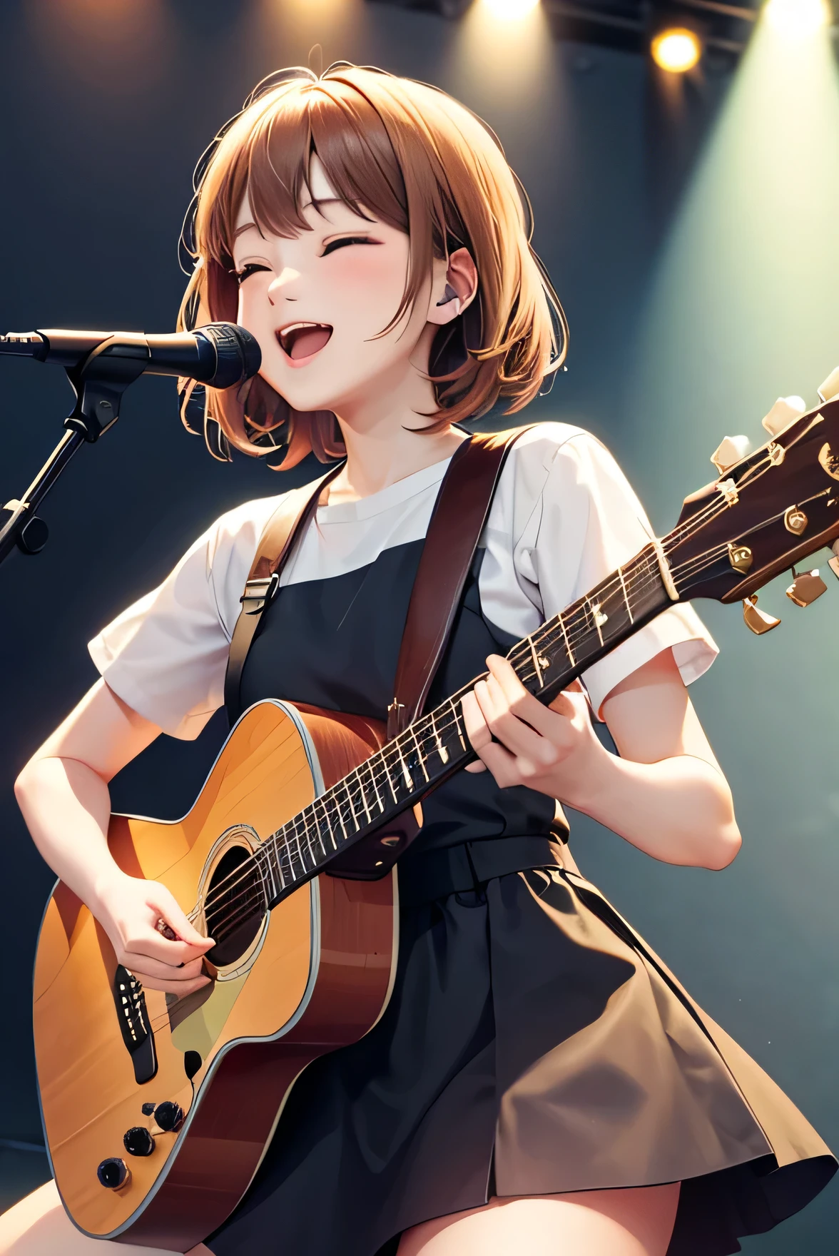 Singing happily、Playing guitar