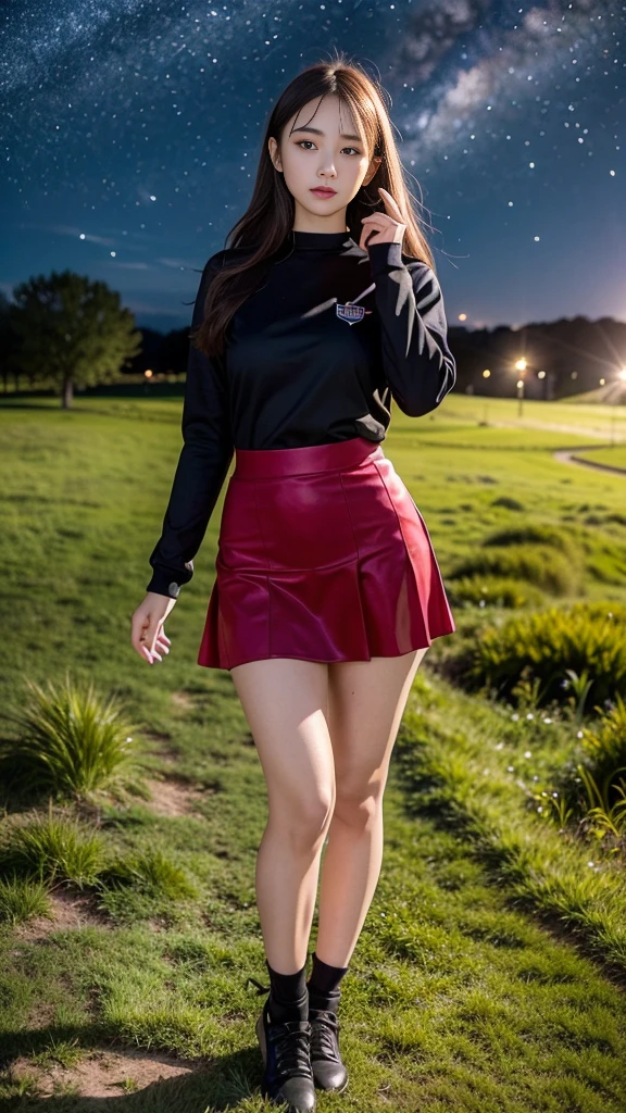 masterpiece, Ultra-high resolution, 4K, Best Quality, 1 person, (whole body), Beautiful and exquisite face, Beautiful, smooth skin, Skin Texture, high school , Sparkle in your eyes, Baby Faic pose, Gal Style, Long sleeve, Long skirt, Red mesh hair color, Standing pose, Starry Sky, universe, grassland, 