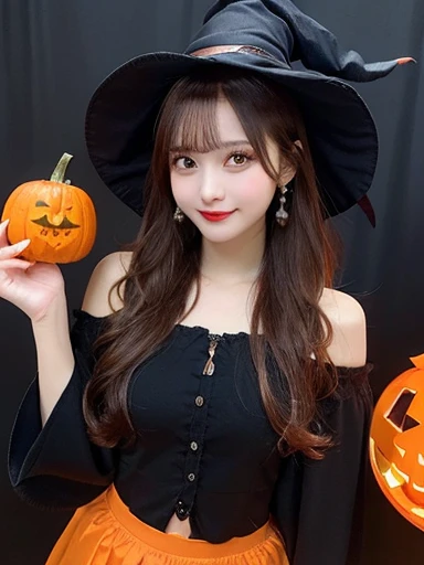 white background, half body portrait, bust shot, looks happy, gentle smile, one girl, (a beauty girl, delicate girl:1.3), (20 years old:1.3), break, (witch costume, Witch hat, Witch clothes), break, very fine eyes, (symmetrical eyes:1.3), break, C cup breasts, brown eyes, parted bangs, brown hair, (smile), break, (eyes and faces with detailed:1.0), break, (masterpiece, best quality, ultra detailed, detailed face, 8k)