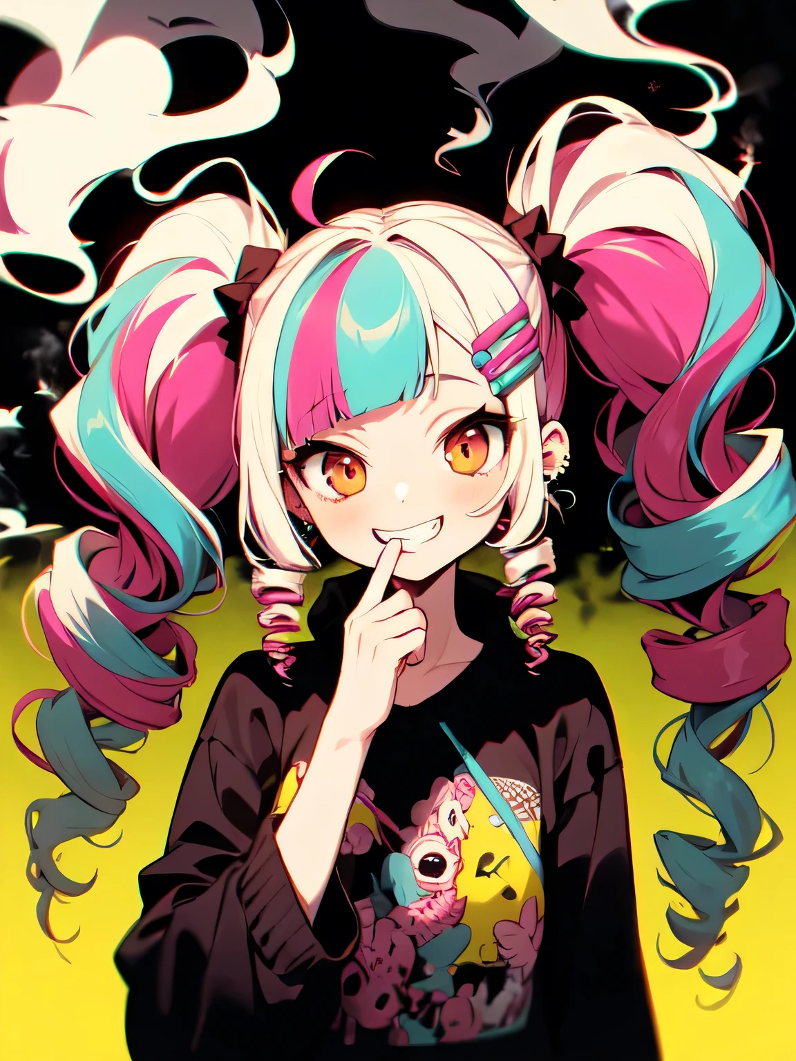 Alone,two side up,(Afro:1.4),ponytail,(Dreadlocks:1.2),Hime cut,(Drill Hair),Twin tails,Braiding,(Hair Bun:0.5),(Wavy multicolored hair:1.2),(Do not inhale smoke:1.4),Grin,Earrings