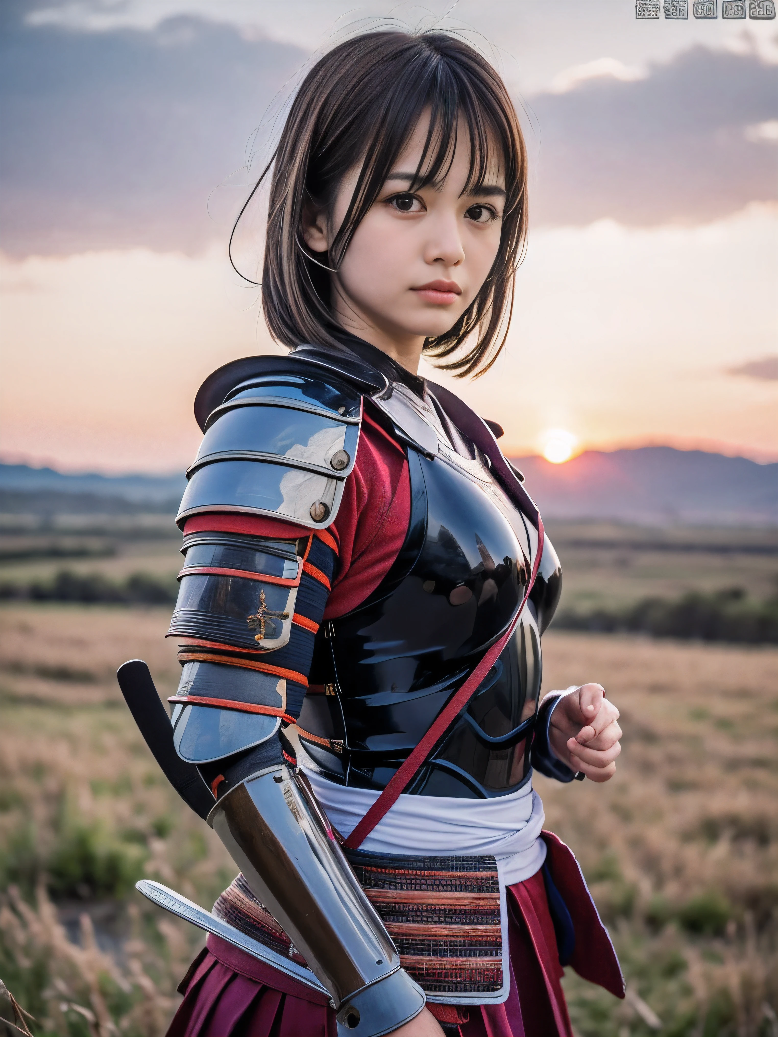 (Close up portrait of one slender small breasts round face brown short hair with bangs girl in an black colored armor warrior as samurai in Japan:1.5)、(One girl is fighting pose with a white-bladed sword on the grassland in Japan with crying face
:1.3)、(Beautiful sunset red sky:1.5)、(blurred background:1.5)、(Natural light:1.5)、(8k ultra detailed master piece:1.5)、(perfect anatomy:1.5)、(Photorealistic stick:1.5)、(Raw photo:1.3)、(highest quality:1.5)、(High resolution:1.3)、(Delicate and beautiful perfect face:1.3)、(Delicate and beautiful eye air skin:1.3)、(Real Human Skin:1.3)、((thin legs))