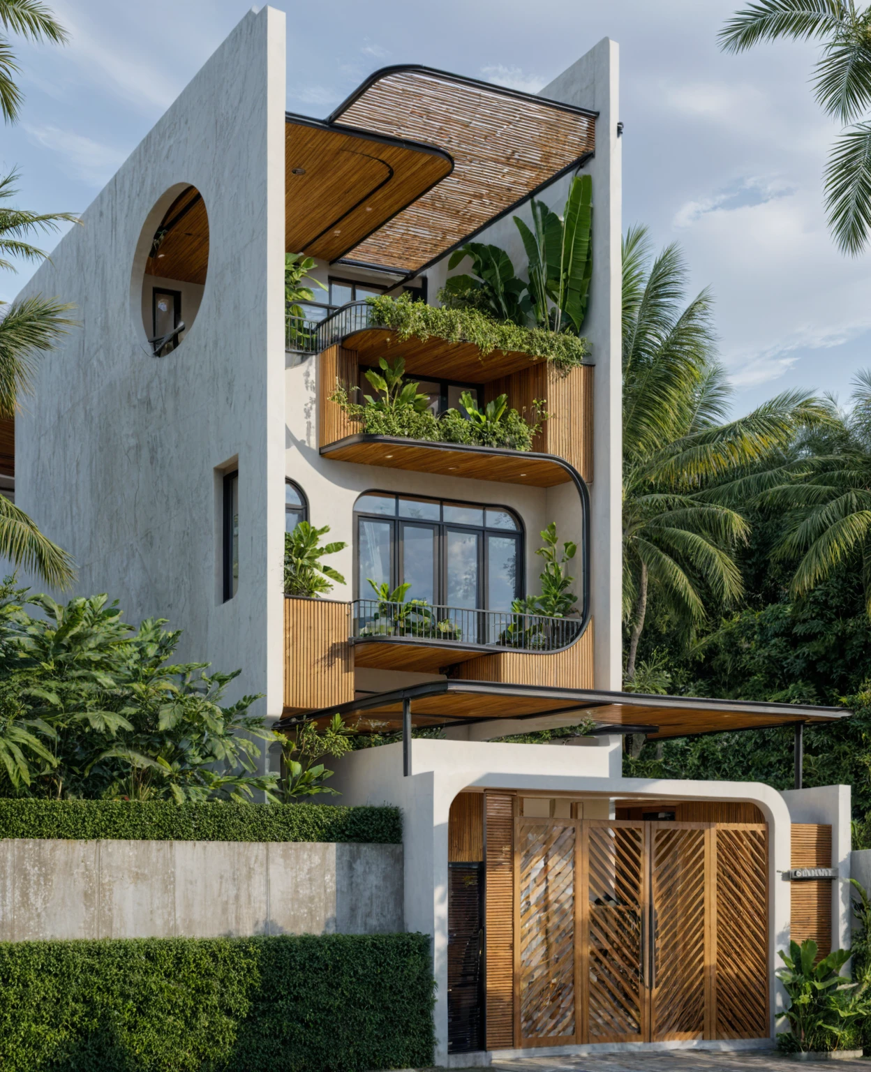 The tall and narrow 3-storey house is modernly designed, with steel gates and wooden details. The outside is painted white, the front wall has many curves. The house has windows on all sides and (wooden and iron ceilings: 1,2). Materials include black steel and wood. The third floor has trees growing on the middle columns, surrounded by tropical vegetation. The scene was shot from a 24mm angle perspective, with soft, natural lighting highlighting textures and materials, creating soft shadows that highlight the curves of the front wall and wooden details.