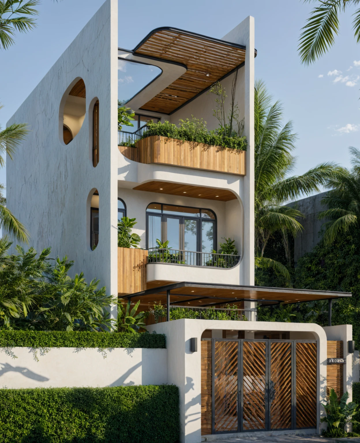 The tall and narrow 3-storey house is modernly designed, with steel gates and wooden details. The outside is painted white, the front wall has many curves. The house has windows on all sides and (wooden and iron ceilings: 1,2). Materials include black steel and wood. The third floor has trees growing on the middle columns, surrounded by tropical vegetation. The scene was shot from a 24mm angle perspective, with soft, natural lighting highlighting textures and materials, creating soft shadows that highlight the curves of the front wall and wooden details.