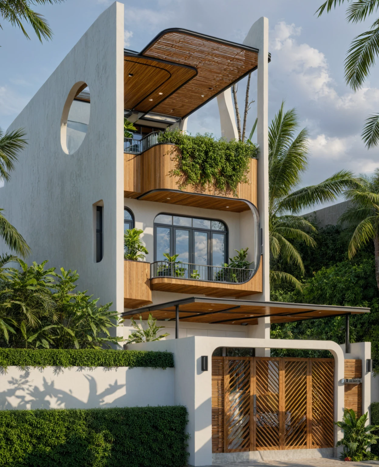 The tall and narrow 3-storey house is modernly designed, with steel gates and wooden details. The outside is painted white, the front wall has many curves. The house has windows on all sides and (wooden and iron ceilings: 1,2). Materials include black steel and wood. The third floor has trees growing on the middle columns, surrounded by tropical vegetation. The scene was shot from a 24mm angle perspective, with soft, natural lighting highlighting textures and materials, creating soft shadows that highlight the curves of the front wall and wooden details.