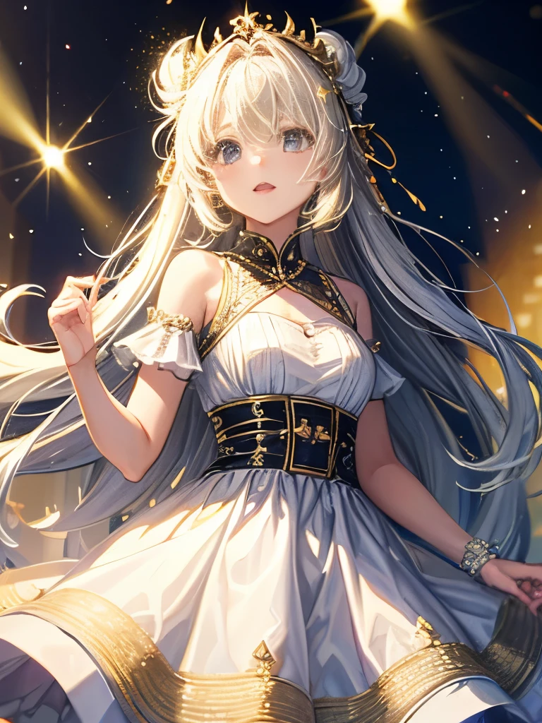 {{best quality}},{llustration},{beautiful detailed eyes},dynamic angle, 1 girl, (masterpiece, best quality:1.2),white hair,yellow eyes,cute face,loli face,white halter dress,{{border}},light,solo,{{white beret}},small breasts,loli,{{full body}},stereogram,frilled dress,white and yellow theme,neck ribbon,criss-cross halter,strapless dress,white clothes,yellow diamond color crystal background,framed breasts,Blunt bangs,pointy breasts,cleavage cut,outunaligned breasts,long hair