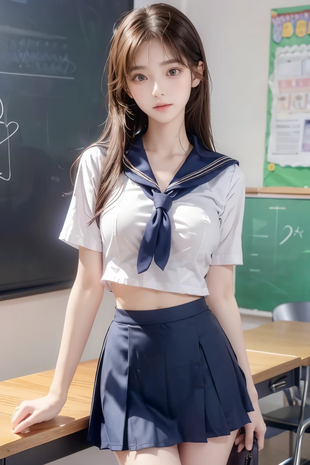 (Ultra HD), (Looking at me), (Short-sleeved sailor uniform, Navy blue mini skirt), Big Breasts, Super beautiful breasts, Slender, (Thin legs:1.2), (Thin thighs:1.2), (Thin Hips:1.4), (Beautiful Skin, Shiny skin, White skin), (Super slim face, Super beautiful face, No makeup, Smile:0.6), (Light Brown, Long Hair, Layered Cut, Fluffy hair), (Big eyes:1.3, High corners of the eyes:1.6, double eyelid), (Thin eyebrows:0.1), (Small Nose:0.6), (Thin lips:0.6), Beautiful Hands, Empty-handed, Standing, School classroom