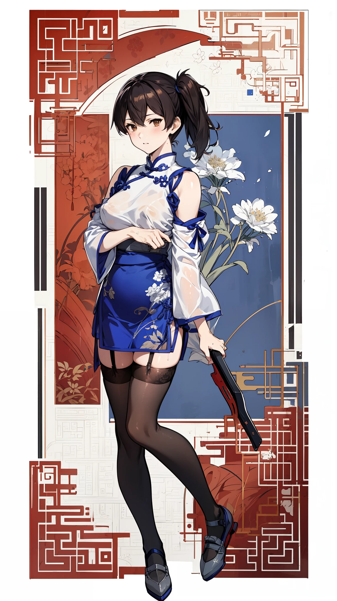 (masterpiece, highest quality) detailed, kaga (kancolle), {{kaga kai ni (kancolle)}}, side ponytail, brown eyes, black  hair, (Blue Simple Qipao), whole body,Chinese element pattern，(zettai ryouiki black Net tights and garter belt) no Weapon  (visible nipple) (Cleavage、wet transparent Areola、)