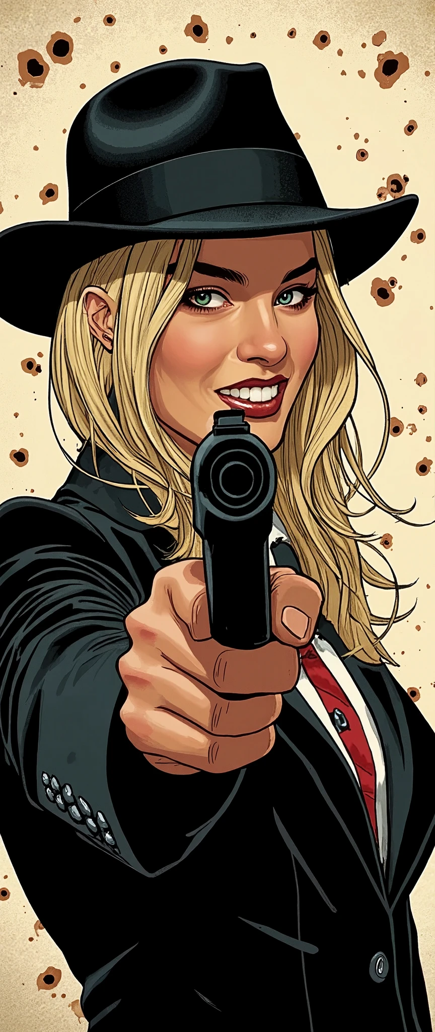 (Best illustrations:2.0),Crazy Smile,Evil Villain,Vector art,Mafia female boss with a big smile,Gangster,hat,(Ready your gun?:2.0),(Point the gun at the camera:2.0),(The background is a wall of bullet holes:2.0),Gangster,hat,(Artistic Rendering),(Simple design:2.0)