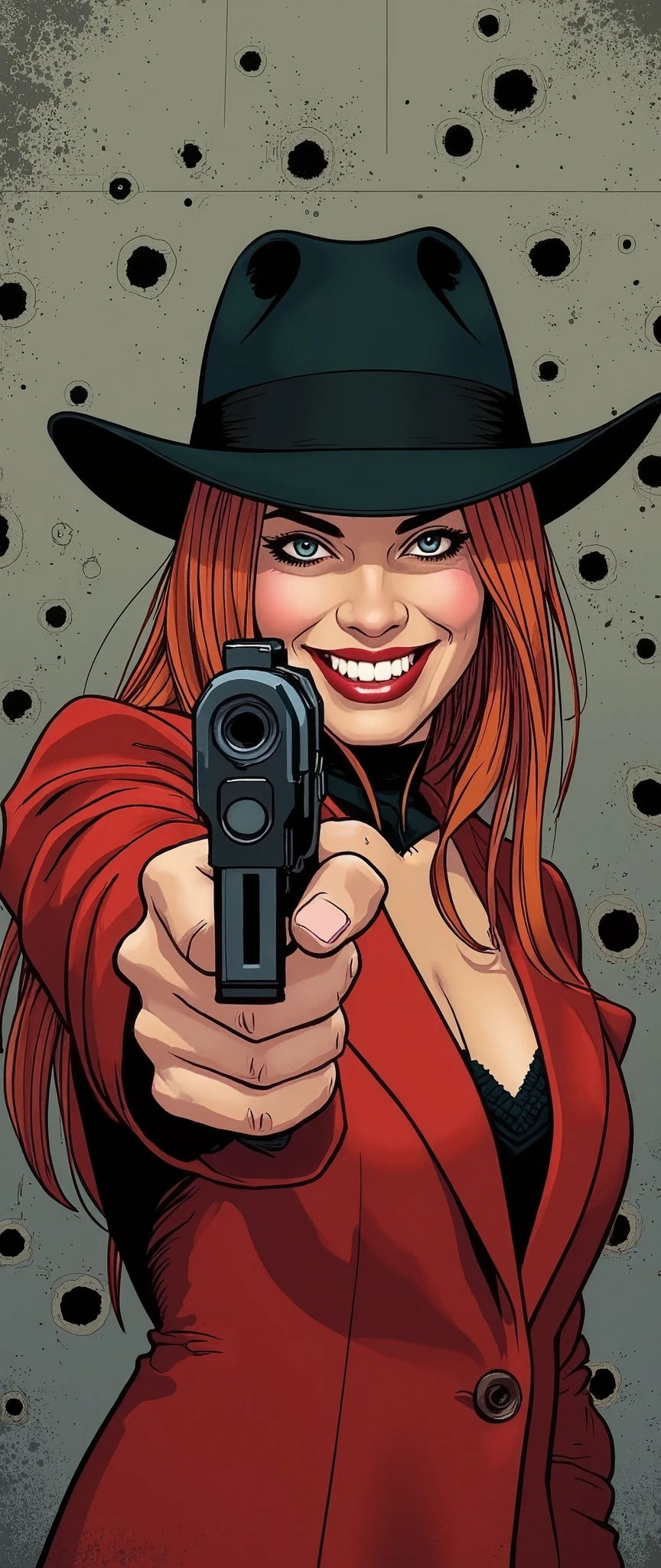 (Best illustrations:2.0),Crazy Smile,Evil Villain,Vector art,Mafia female boss with a big smile,Gangster,hat,(Ready your gun?:2.0),(Point the gun at the camera:2.0),(The background is a wall of bullet holes:2.0),Gangster,hat,(Artistic Rendering),(Simple design:2.0)